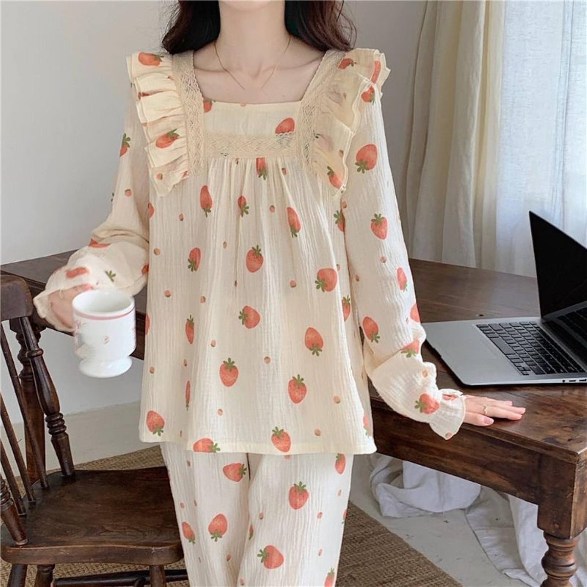 Lente Gaas Pyjama Set - Mode Vierkante Kraag Lange Mouw Zoete Aardbei Print Loungewear Tweedelige Set, Mode Zacht Kant Nachtkleding Knop Omhoog Versie Nachtkleding Lounge-Outfit