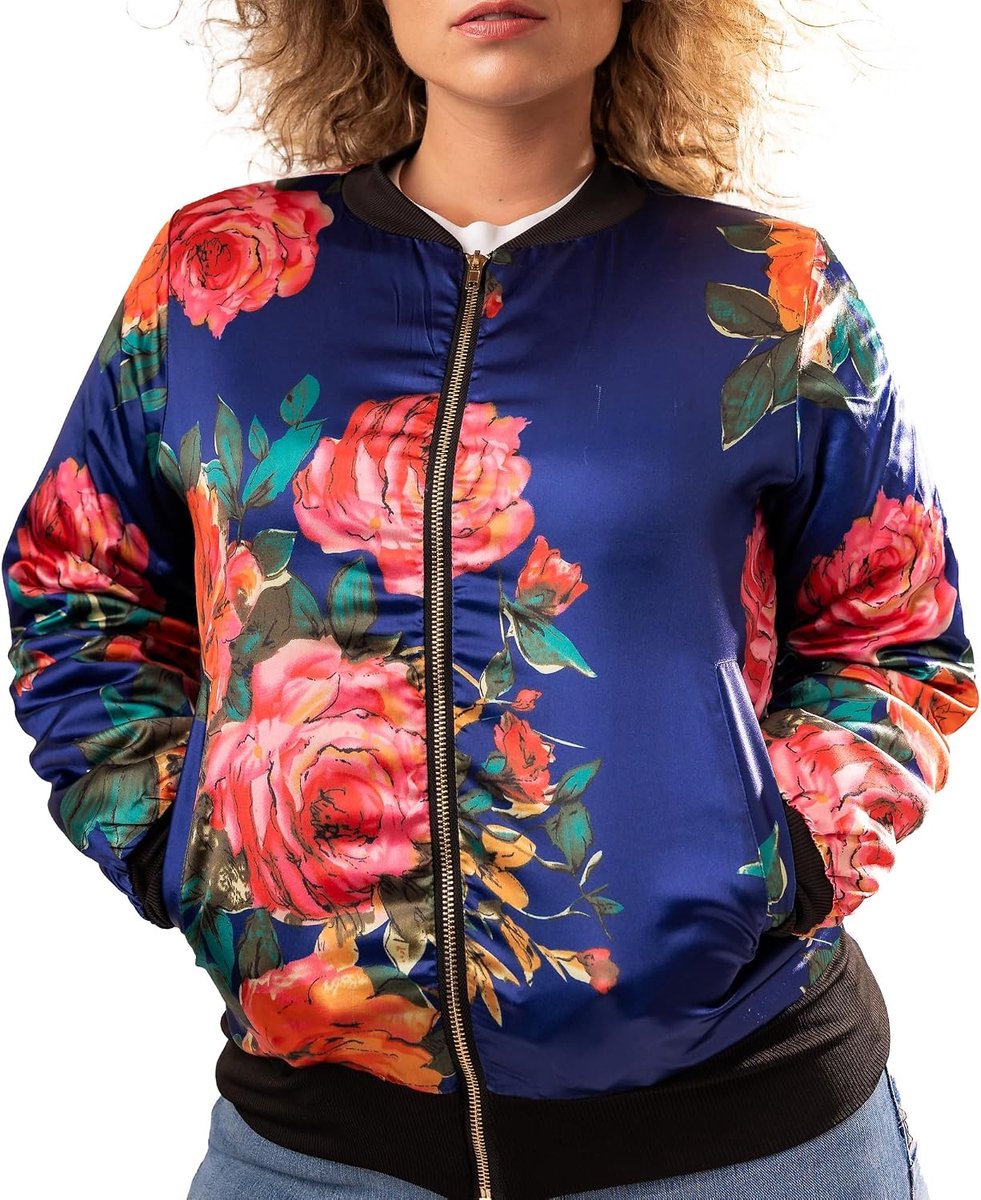 Bomberjack voor dames, lichte overgangsjas van kimono-stof met bloemenpatroon, katoenen voering, goudkleurige ritssluiting, S tot XXL