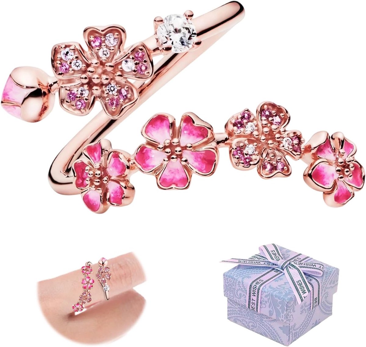 Ring roségoud dames perzikbloesem bloemenring verstelbare ring kersenbloesem bloemenring, perzikbloesem ring bloemenkristal cadeau voor bruiloft