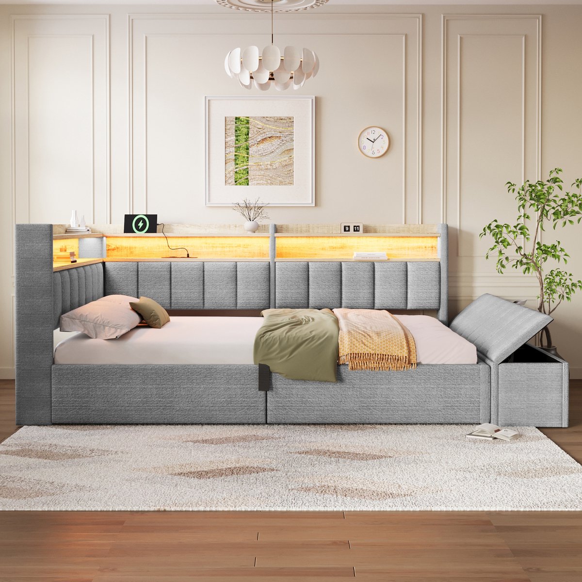 Merax Slaapbank 140 x 200 cm, met opbergruimte, bedbank, stopcontact, met USB-aansluiting, met LED-verlichting, zonder matras, grijs