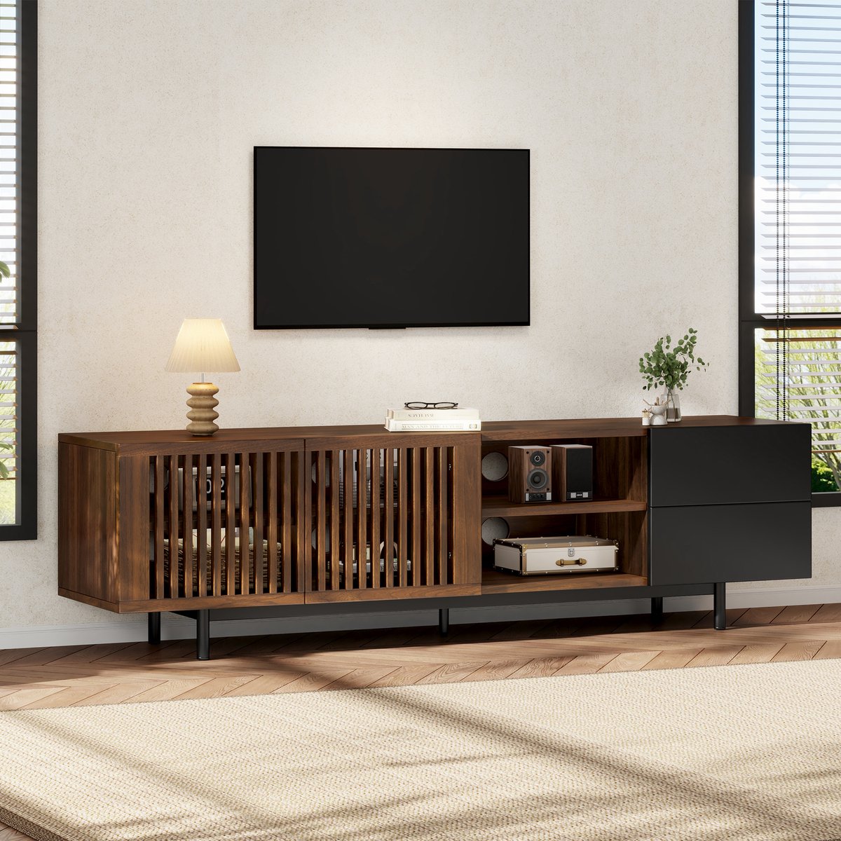 MODFU Tv-Meubel - Lameldeuren En 2 Lades - Woonkamer - MDF - Zwart/Walnootkleur - 160 Cm Walnootkleur en zwart