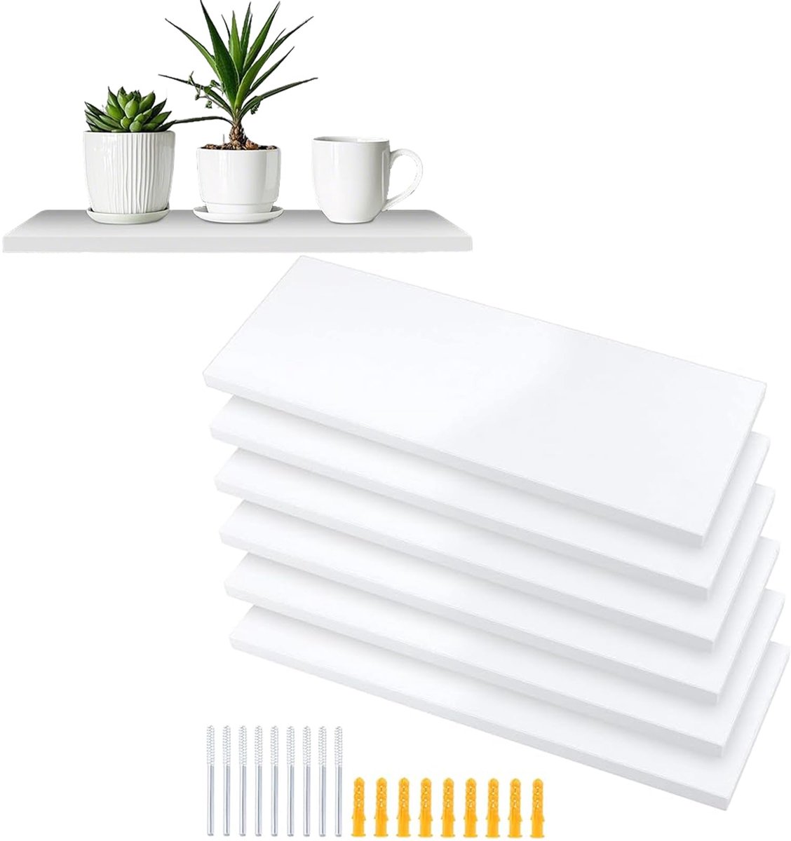 MOUYAT 6 stuks 40 x 15 x 1,5 cm witte zwevende planken, zwevende plank met expansiebuis en schroeven, wandplank voor - ShopVlot