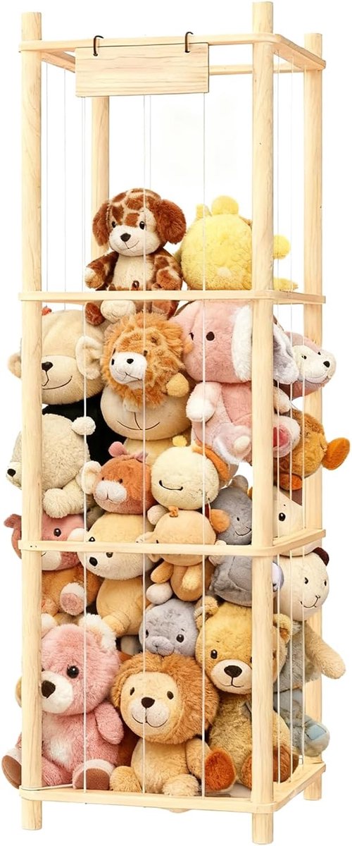 SnelShoppen - Houten Opbergrek voor Knuffeldieren 136 x 40 x 40 cm, Ruimtebesparende Organiser voor Pluche Speelgoed, Geschikt voor Speelkamer, Kinder