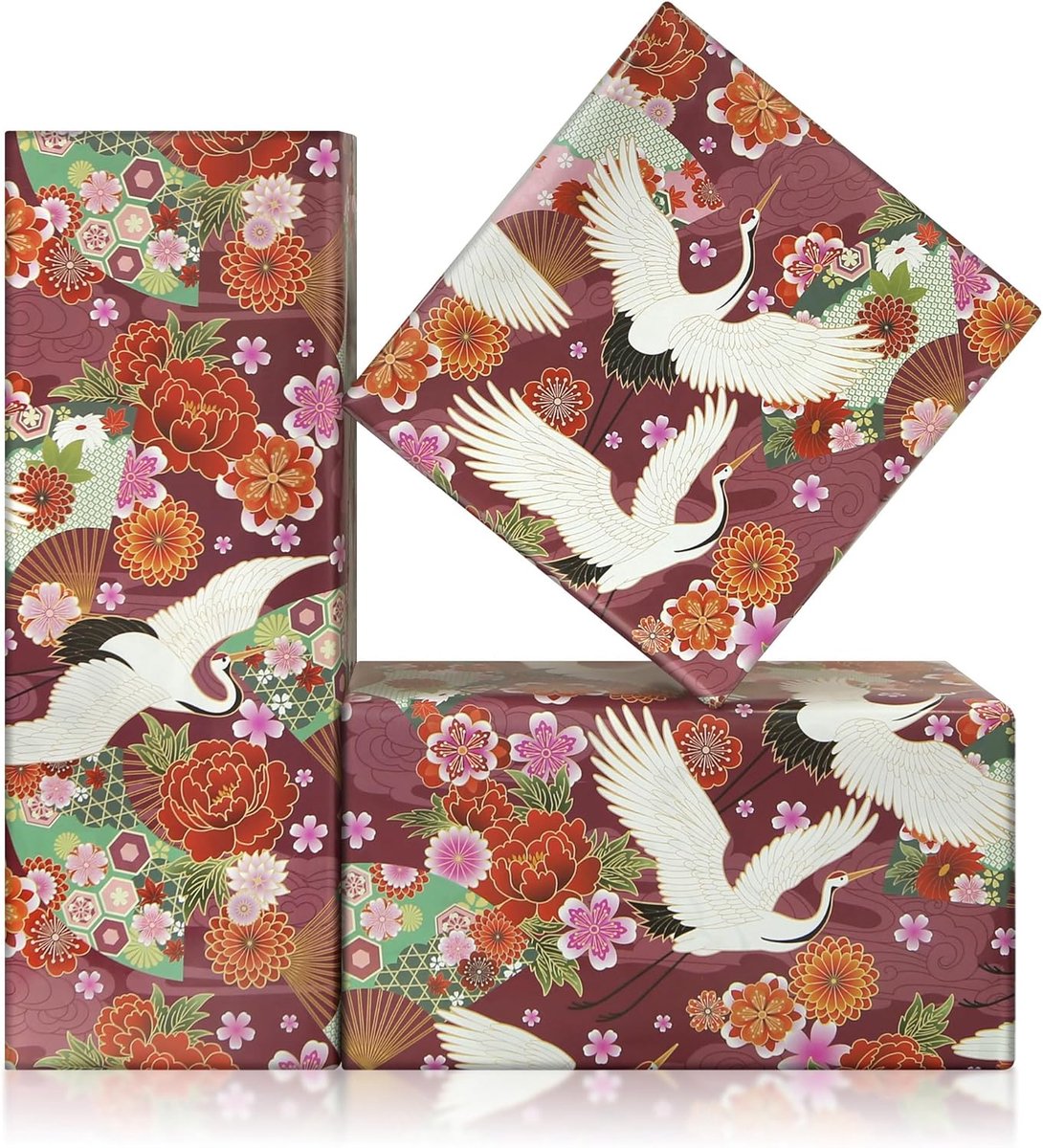 SnelShoppen - Japans Inpakpapier 50x71cm - Rood-Witte Vouwventilator met Bloemen - 4 Vellen Cadeaupapier voor Verjaardag, Bruiloft, Babyshower, DIY Am