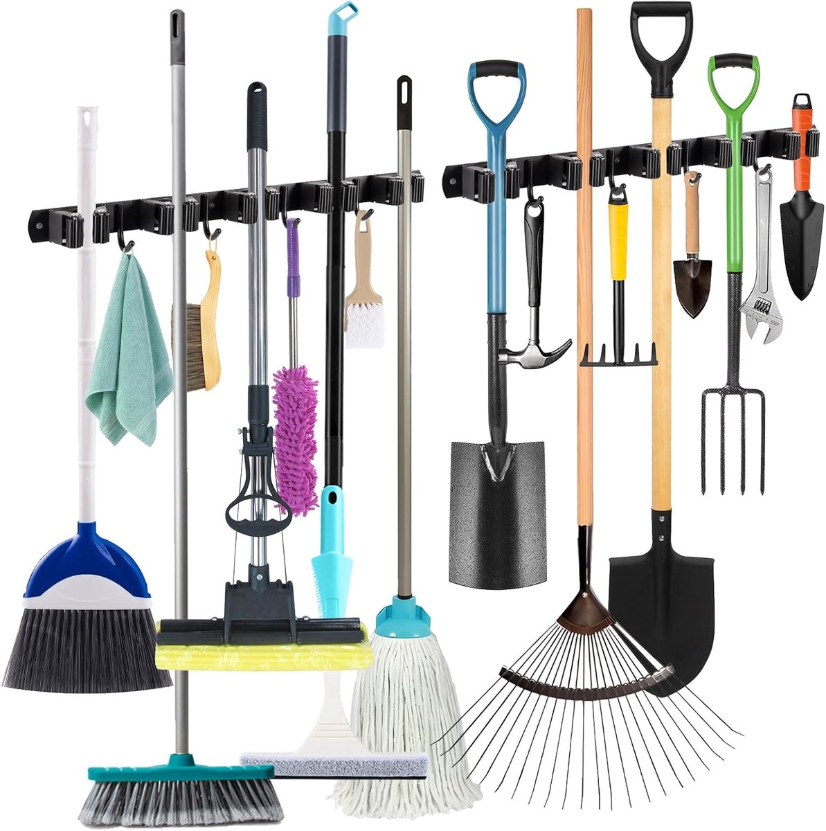 SnelShoppen - Broom Holder met 4 Haken - 5 Stuks, Wandmontage, Geen Boren of Met Boren, Adhesieve Gereedschap Houder, Organizer voor Garage, Tuin, Keu