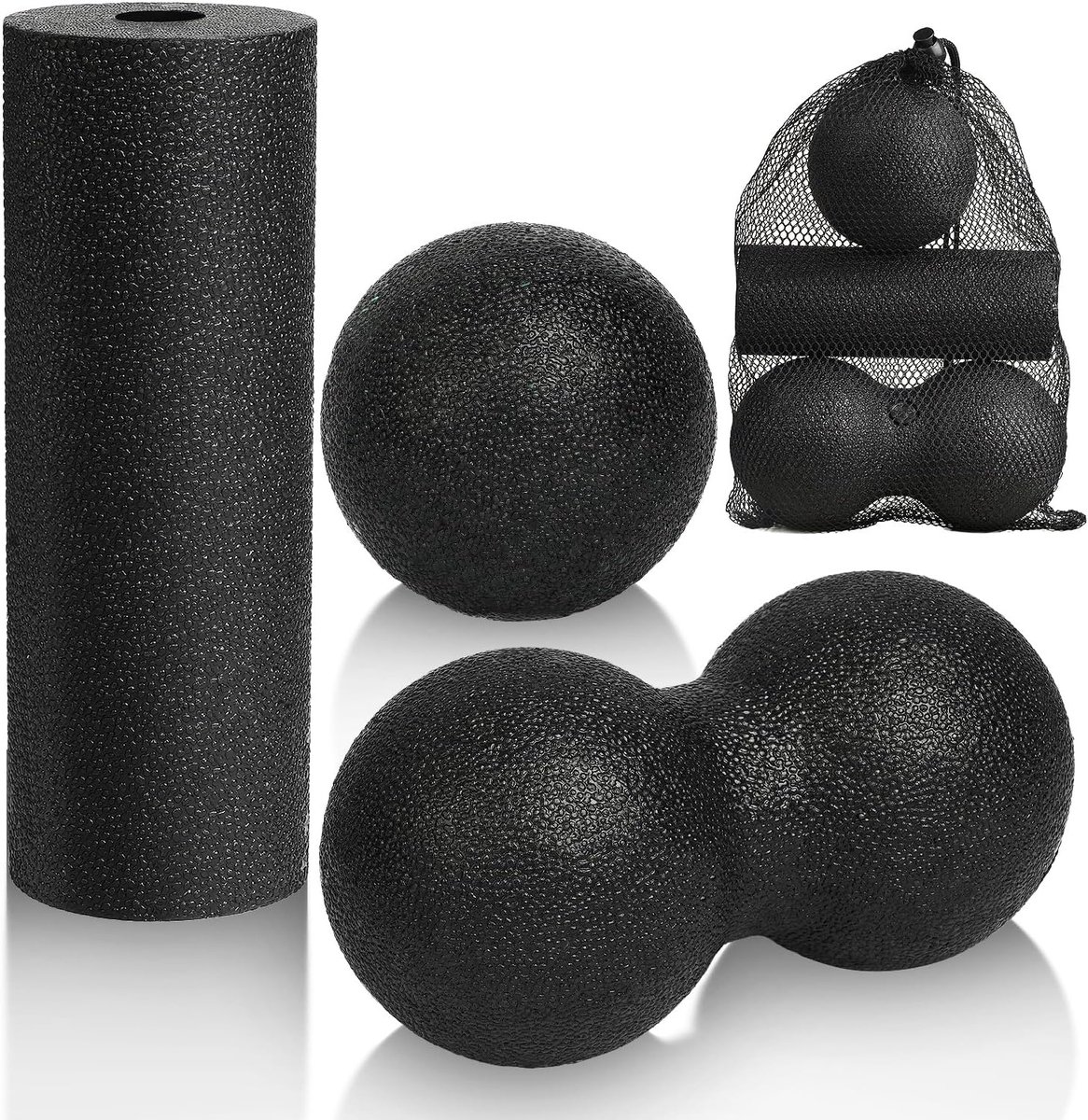 SnelShoppen - 3-delige Massagebal Set - Peanut Ball, Schuimroller voor Spierontspanning, Dubbele Lacrosse Bal, Zelfmassage met Opbergtas, Zwart, Verli
