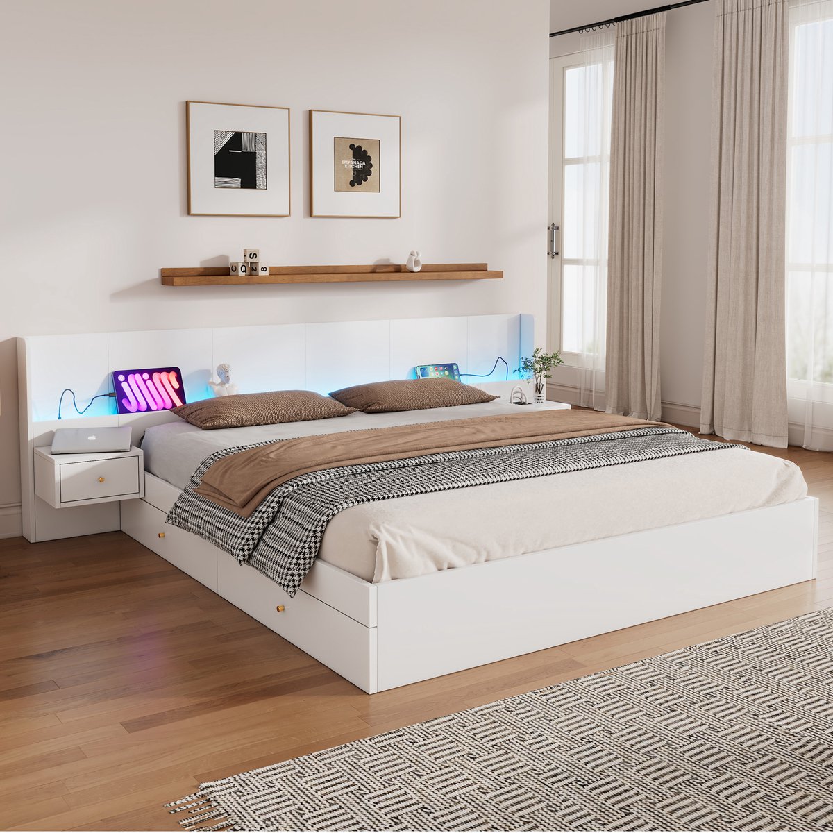 WUVRIE Tweepersoonsbed 180x200 cm met LED, USB, stopcontact, 2 nachtkastjes en lades, MDF wit
