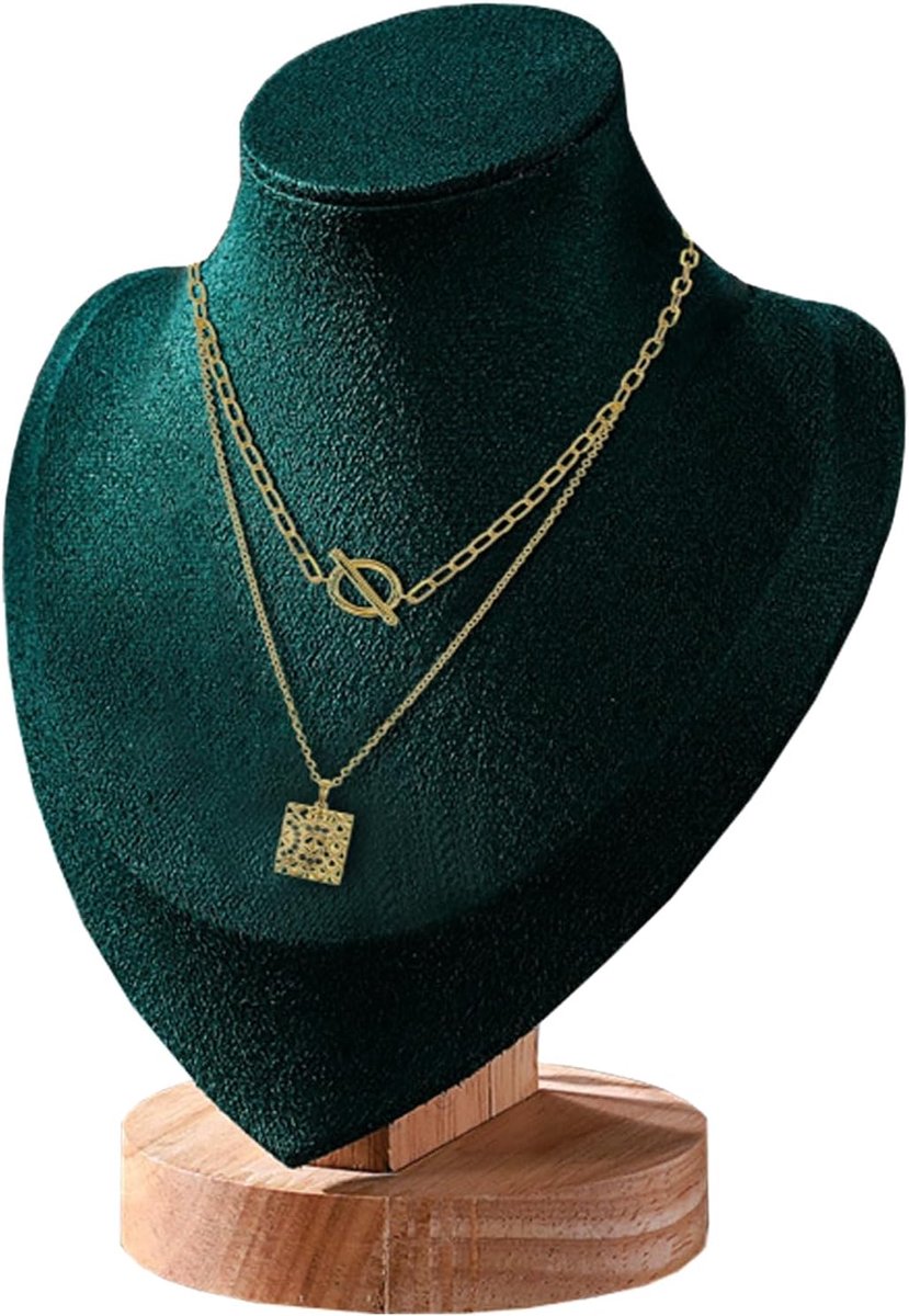 SnelShoppen - Velvet Ketting Display Stand - Sieraden Bust Mannequin met Houten Basis - Elegant en Stijlvol voor Thuis, Winkel, Beurzen - Donkergroen