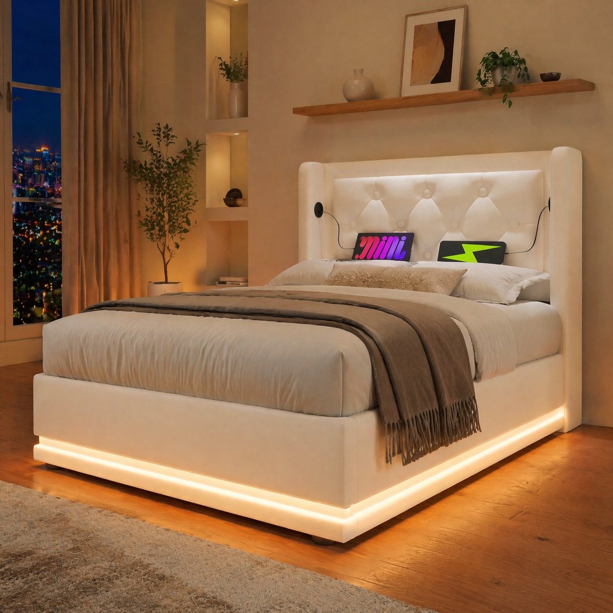 WUVRIE Eenpersoons opbergbed 90x200 cm met gestoffeerd hoofdbord, USB-C, LED en kunstleer, wit