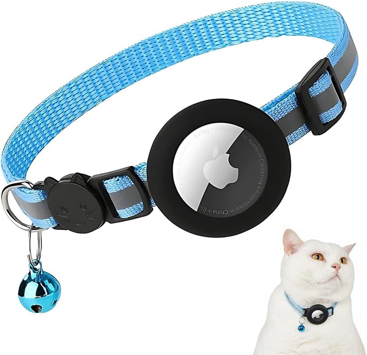 SnelShoppen - Verpakking met 2 elastische reflecterende halsbanden voor katten en puppy's met AirTag hoes, bel, GPS-tracking, verstelbaar, blauw, 25x5