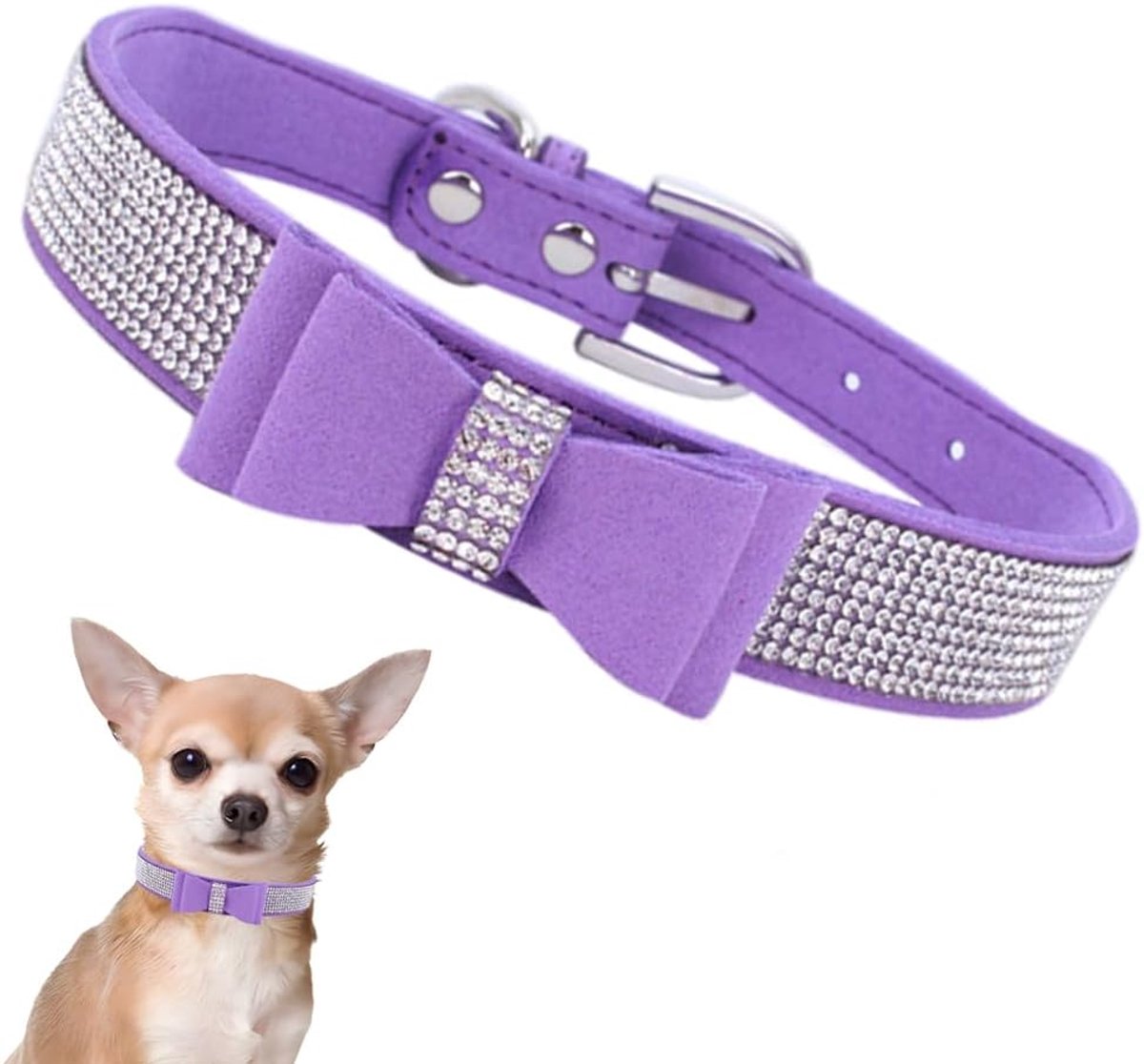 SnelShoppen - Rhinestone Hondenhalsband met Strik, Schattige Knot Kristal Bling Diamant Glitter Puppy Halsbanden voor Kleine en Middelgrote Honden, Me