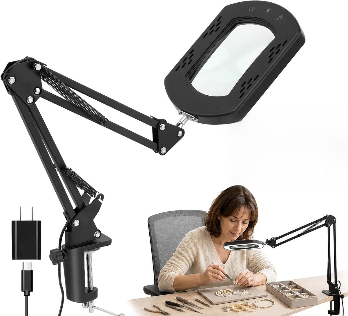 SnelShoppen - Vergrootglas met Licht en Klem, 10x Vergrootlamp met Traploos Dimmen, 5 Kleurmodi, Dimbare Tafelloep met Verlichting voor Handwerk, Leze