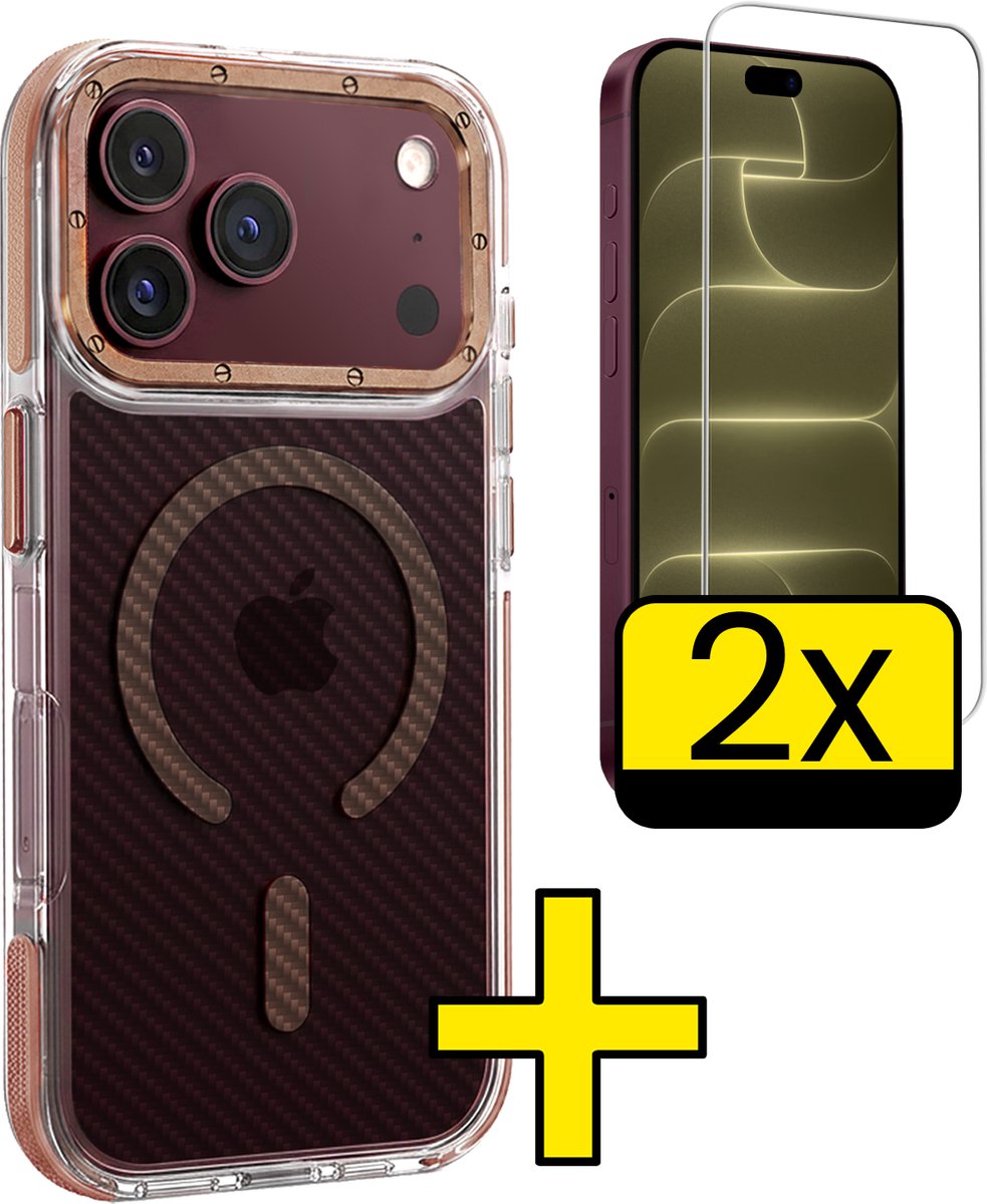 Hoesje - Met 2x Screenprotector - Geschikt voor Apple iPhone 18 Pro Max - Magsafe Compatible - Carbon Look - Sterk & Shockproof - Back Cover - Shock Proof Case - Telefoon Hoes - Telefoonhoesjes - Bruin