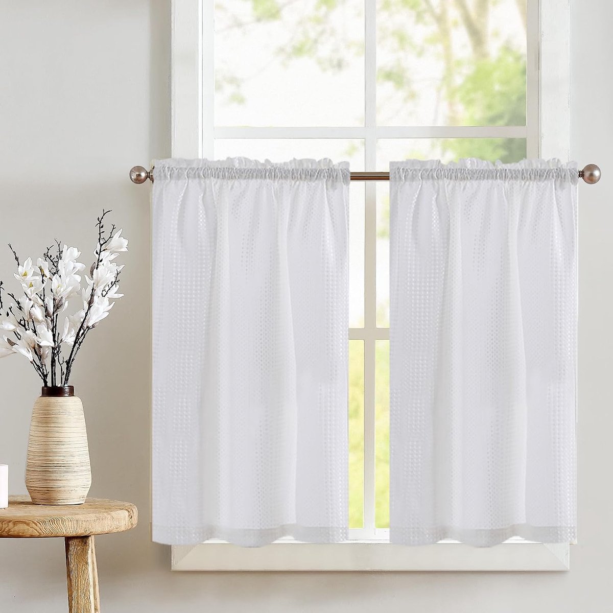 Vangao Wavel Curtains, Modern Kitchen, White, Bistro Curtain, Set of 2, 90 x 90 cm (W x H), Plain Country House - ShopVlot