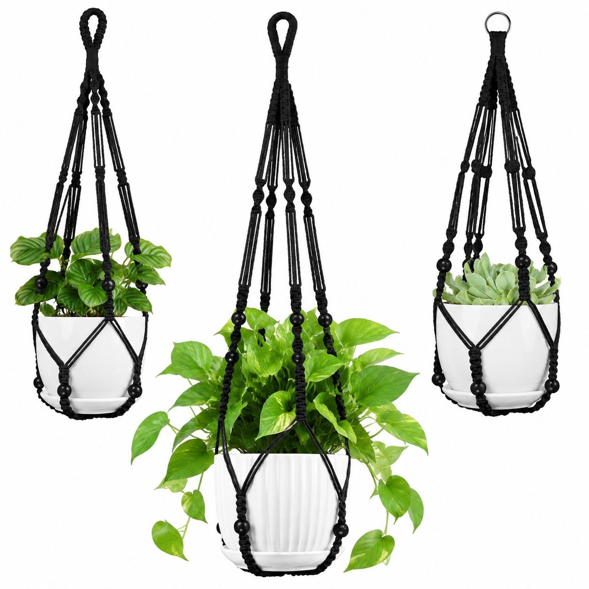 VHV - Macrame plantenhangers - 3 stuks - Zwart - Macramé plantenhanger - Boho handgeweven katoen - Gevlochtenn - in de tuin