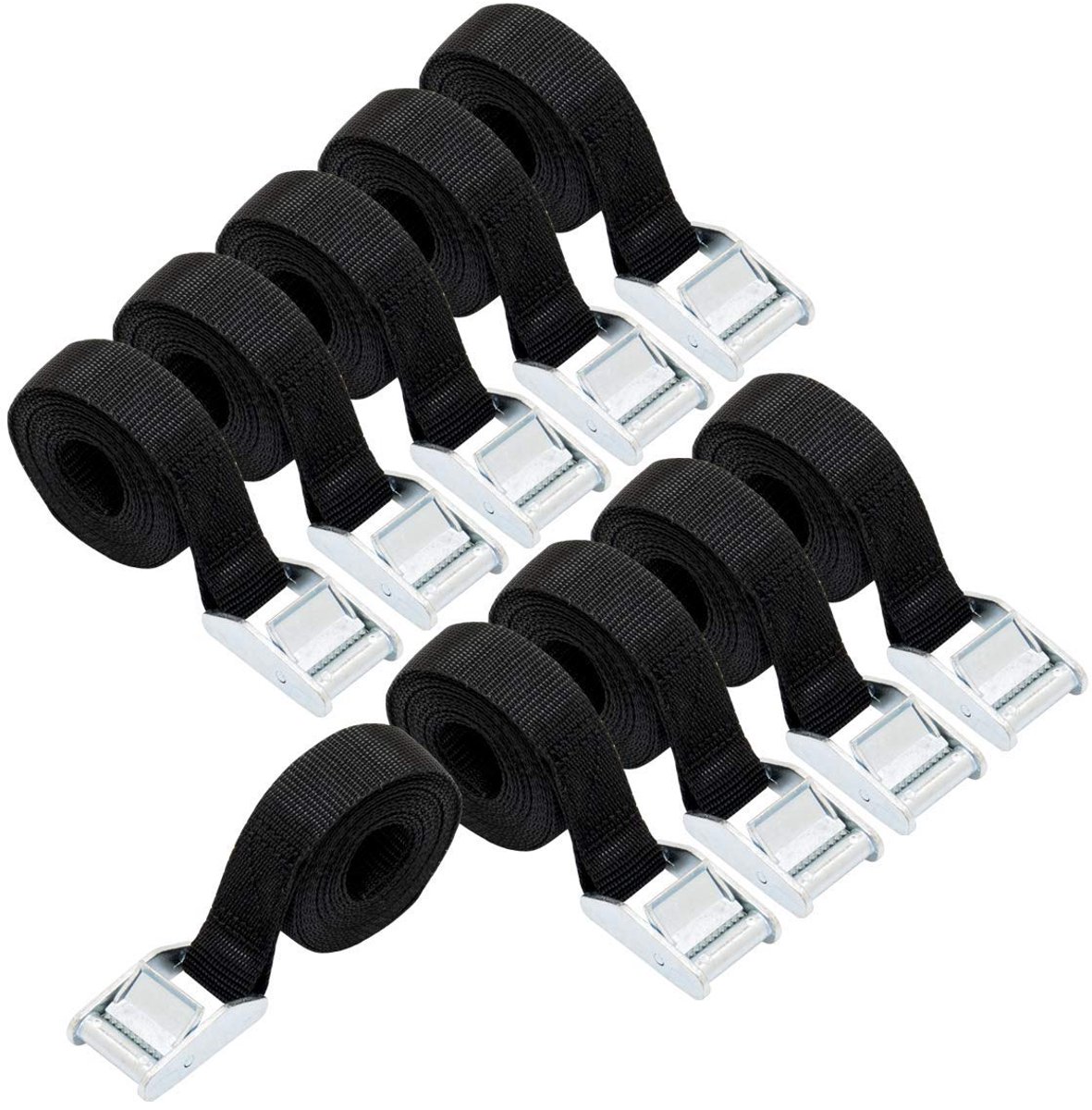 Spanbanden – 2,5 m lang, 25 mm breed – Draagvermogen 150 kg – Set van 10 – Banden met klemgesp van zinklegering voor ladingzekering – Zwart