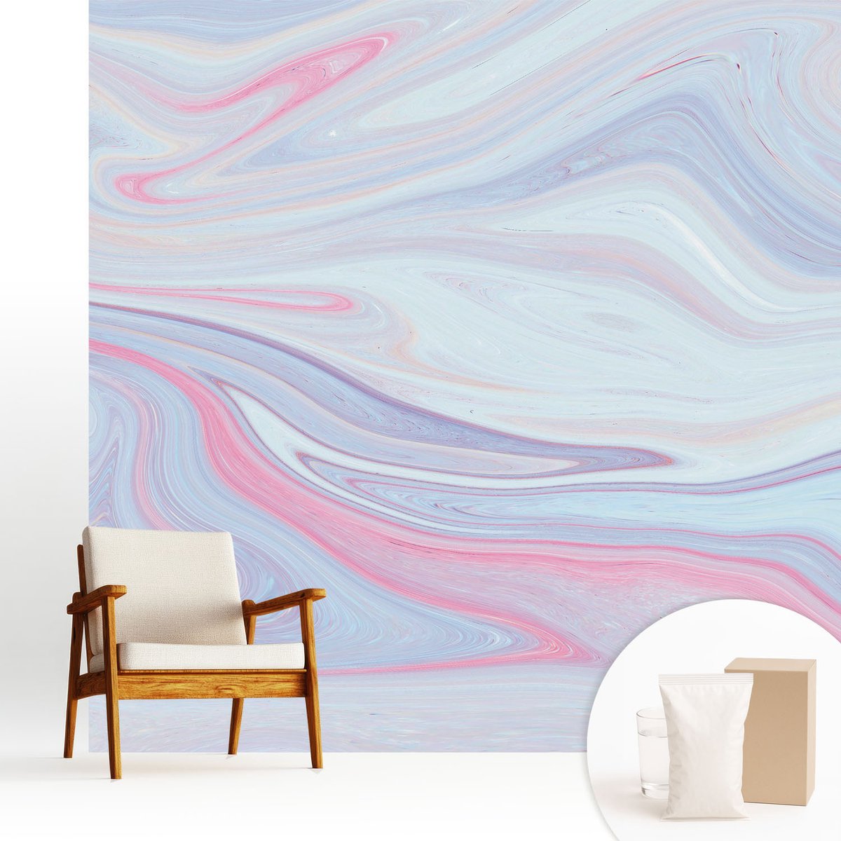 Wallfluent Fotobehang - Blauw Vliesbehang - 250x250 cm - Pastelkleurige Werveling Muurschildering - Slaapkamer behang Abstractie - Fotobehang Vlies - Slaapkamer behang