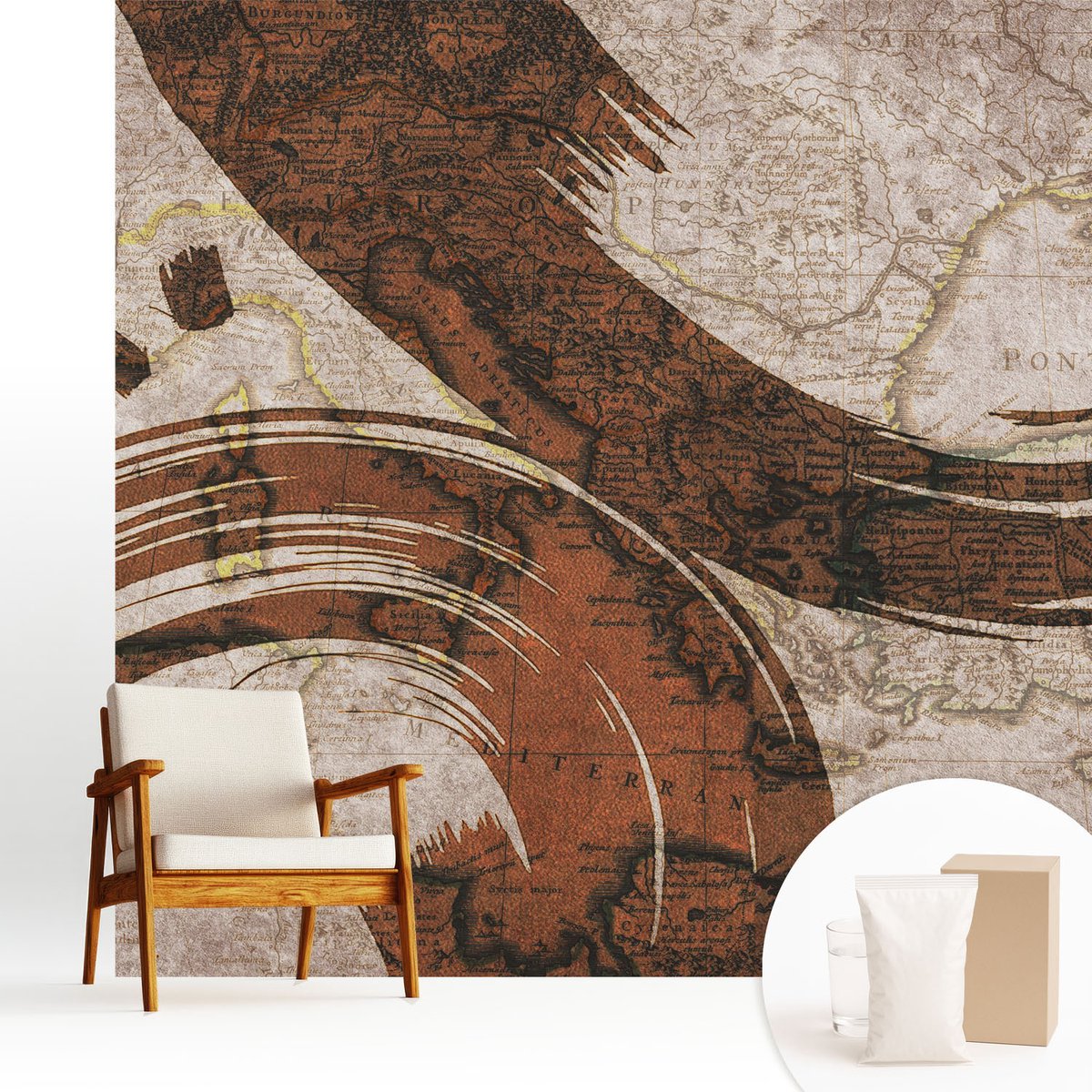 Wallfluent Fotobehang - Beige Vliesbehang - 250x250 cm - Artistieke Kaart Muurschildering - Gang behang Abstractie - Fotobehang Vlies - Slaapkamer behang