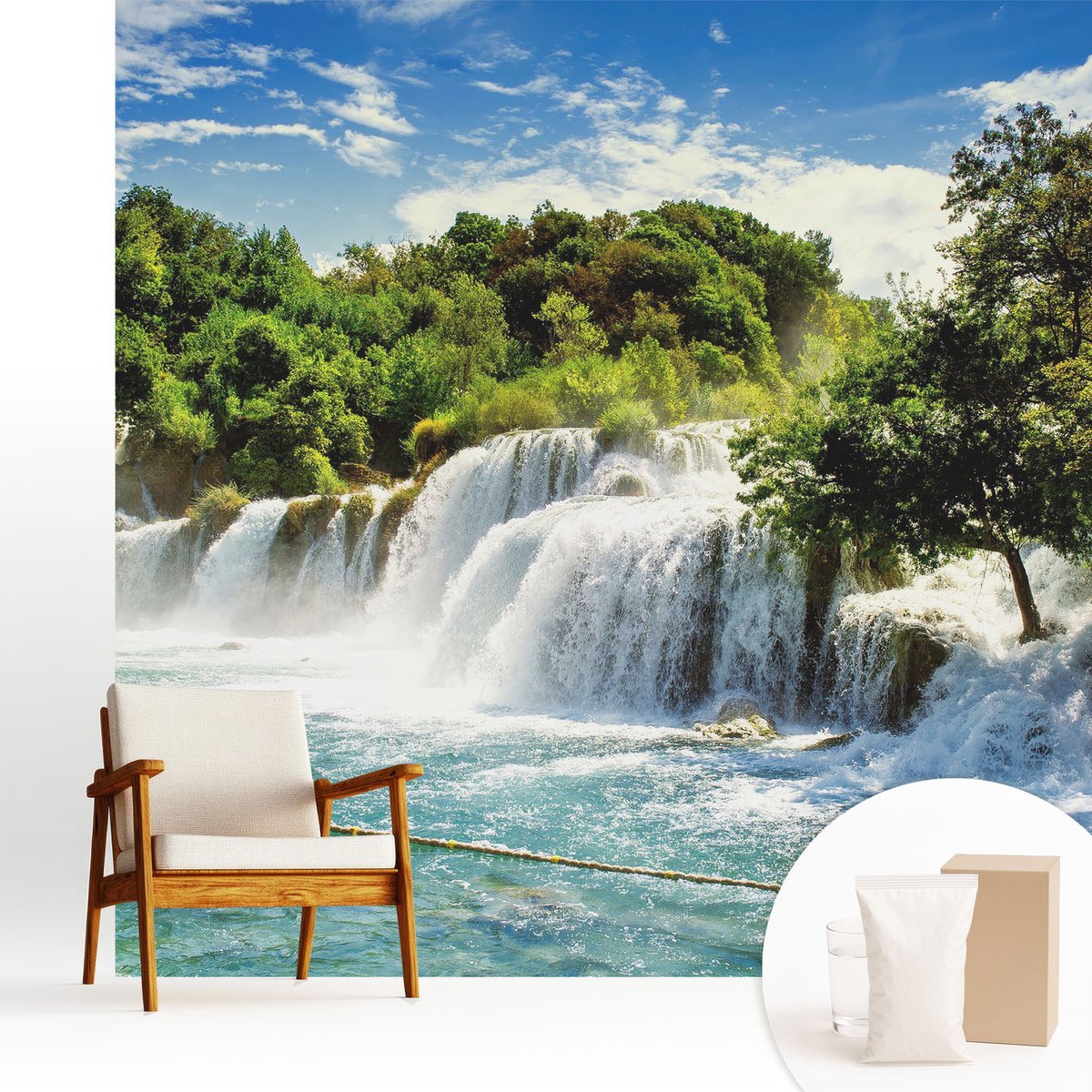 Wallfluent Fotobehang - Groente Vliesbehang - 250x250 cm - Een Prachtige Waterval Fotobehang Vlies - Hal behang Landschappen - Muurschildering - Woonkamer behang