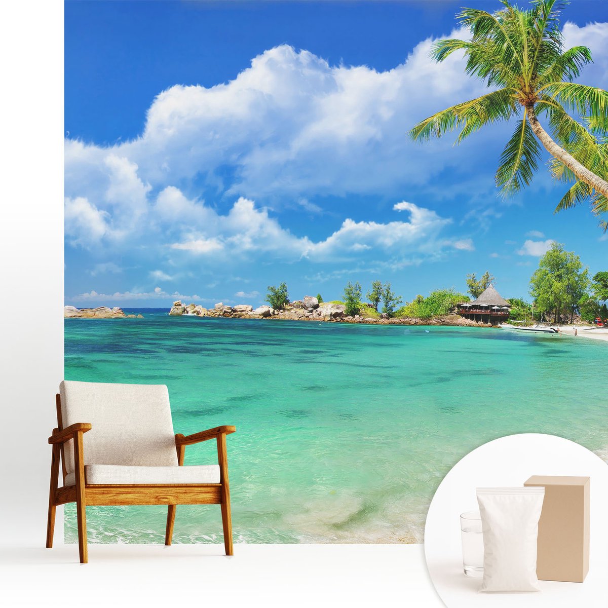 Wallfluent Fotobehang - Blauw Vliesbehang - 250x250 cm - Tropisch Paradijs Fotobehang Vlies - Woonkamer behang Landschappen - Muurschildering - Woonkamer behang
