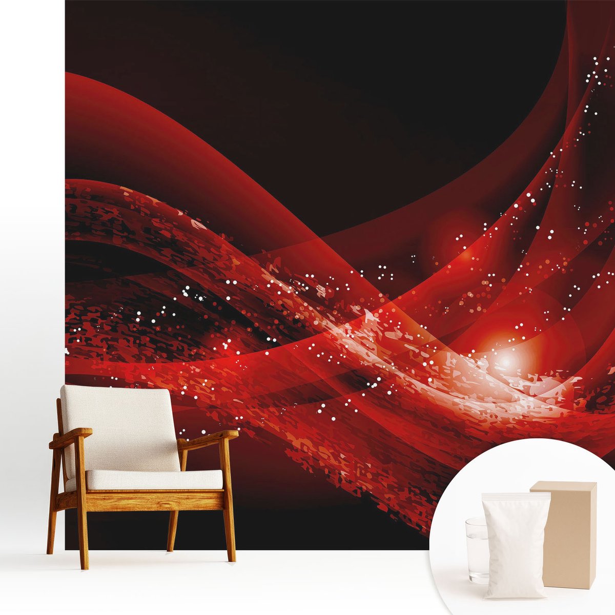 Wallfluent Fotobehang - Zwart Vliesbehang - 250x250 cm - Rode Vortex Fotobehang Vlies - Woonkamer behang Abstractie - Muurschildering - Hal behang