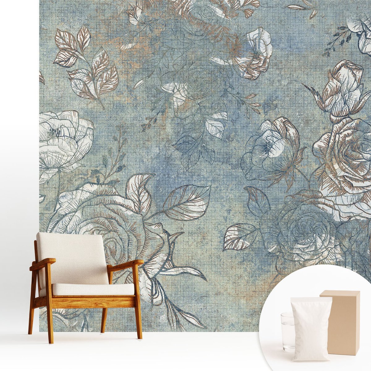 Wallfluent Fotobehang - Blauw Vliesbehang - 250x250 cm - Romantische Rozen Muurschildering - Slaapkamer behang Bloemen En Planten - Fotobehang Vlies - Slaapkamer behang