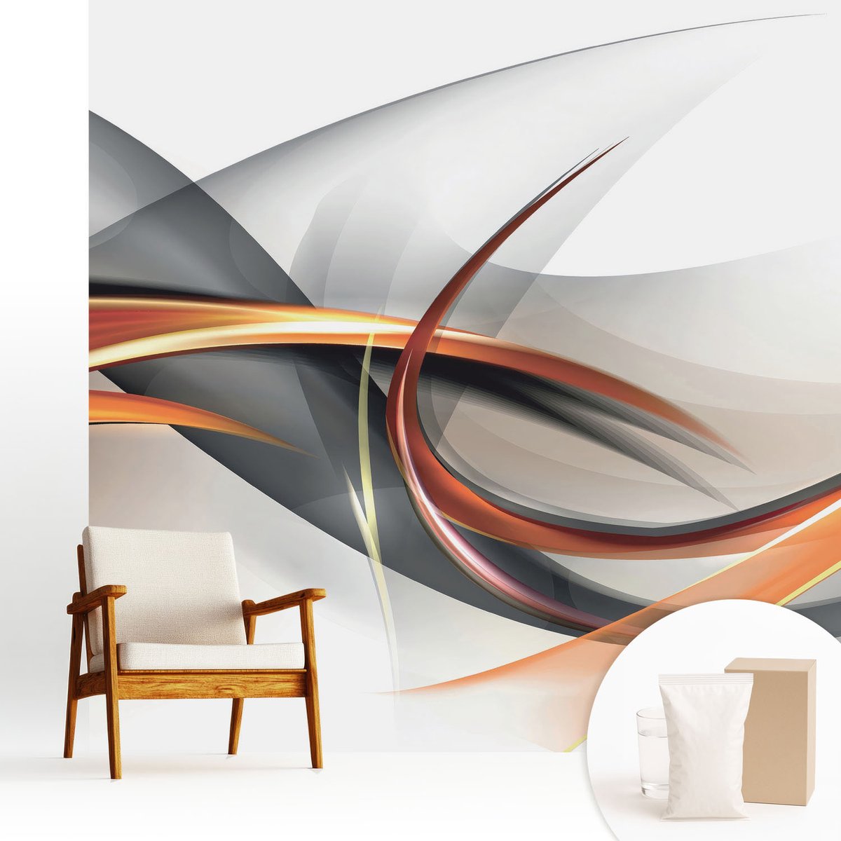 Wallfluent Fotobehang - Wit Vliesbehang - 250x250 cm - Abstracte Dynamica Fotobehang Vlies - Woonkamer behang Abstractie - Muurschildering - Woonkamer behang