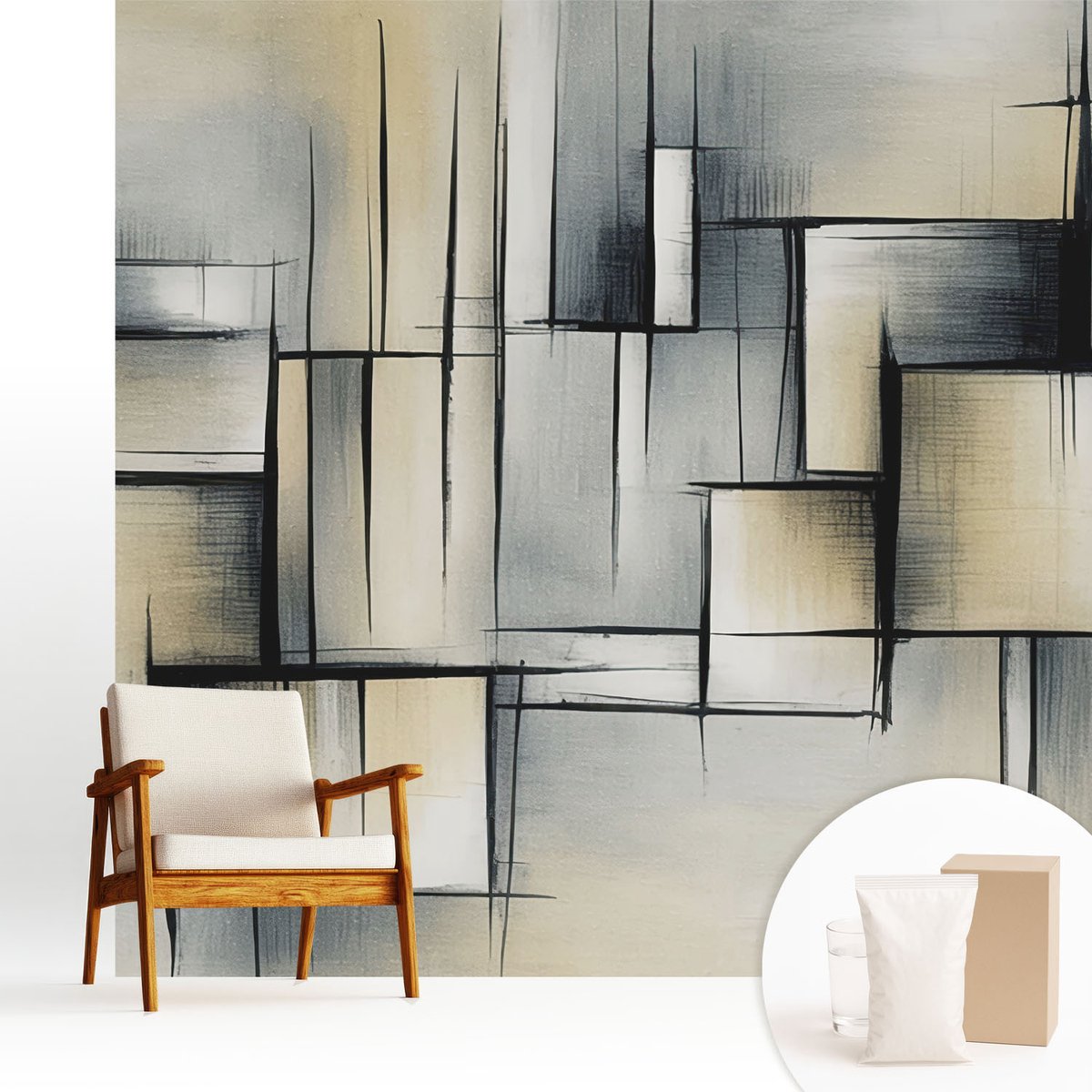 Wallfluent Fotobehang - Grijs Vliesbehang - 250x250 cm - Abstracte Geometrie Fotobehang Vlies - Hal behang Abstractie - Muurschildering - Woonkamer behang