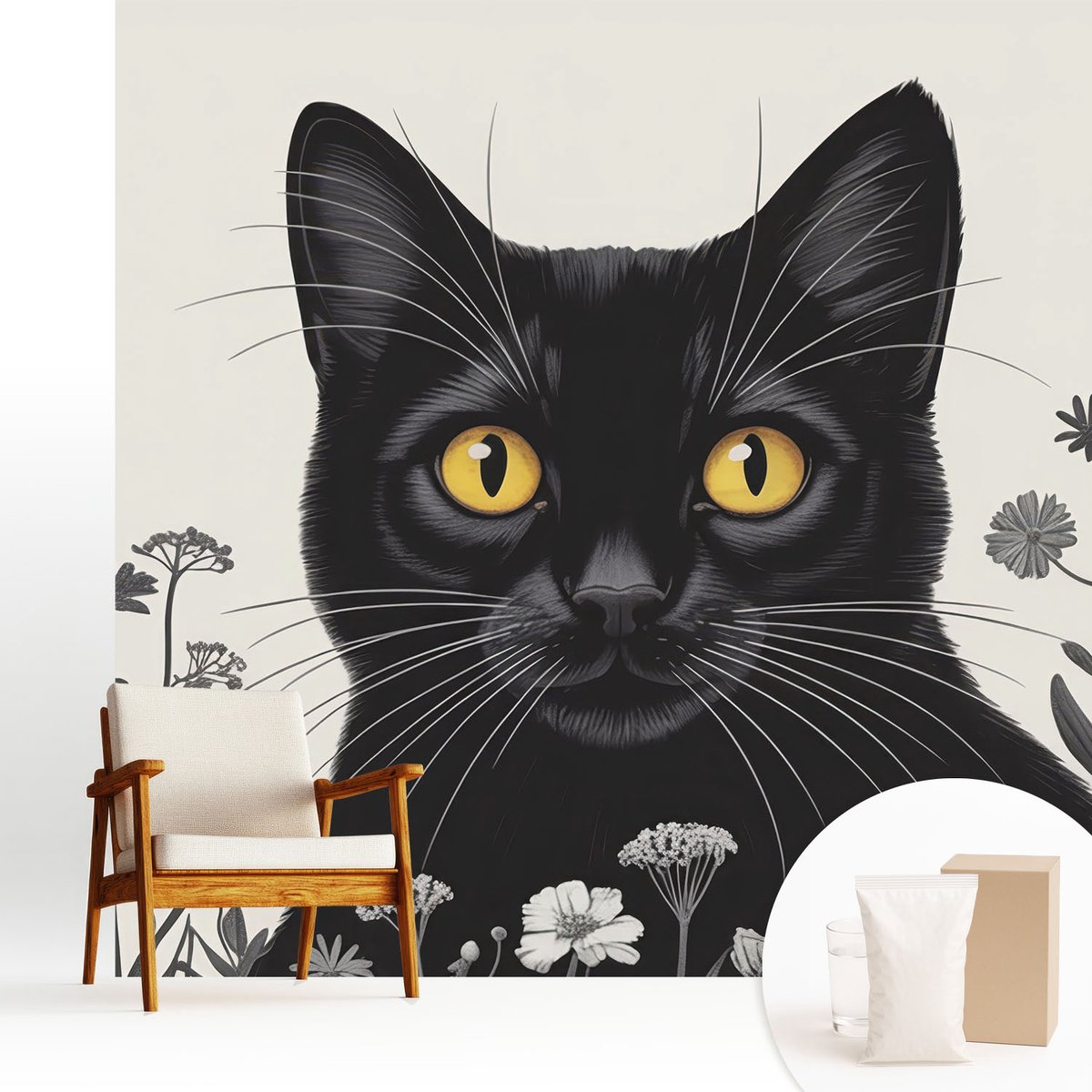 Wallfluent Fotobehang - Wit Vliesbehang - 250x250 cm - Kattenbloemen Fotobehang Vlies - Woonkamer behang Dieren - Muurschildering - Hal behang