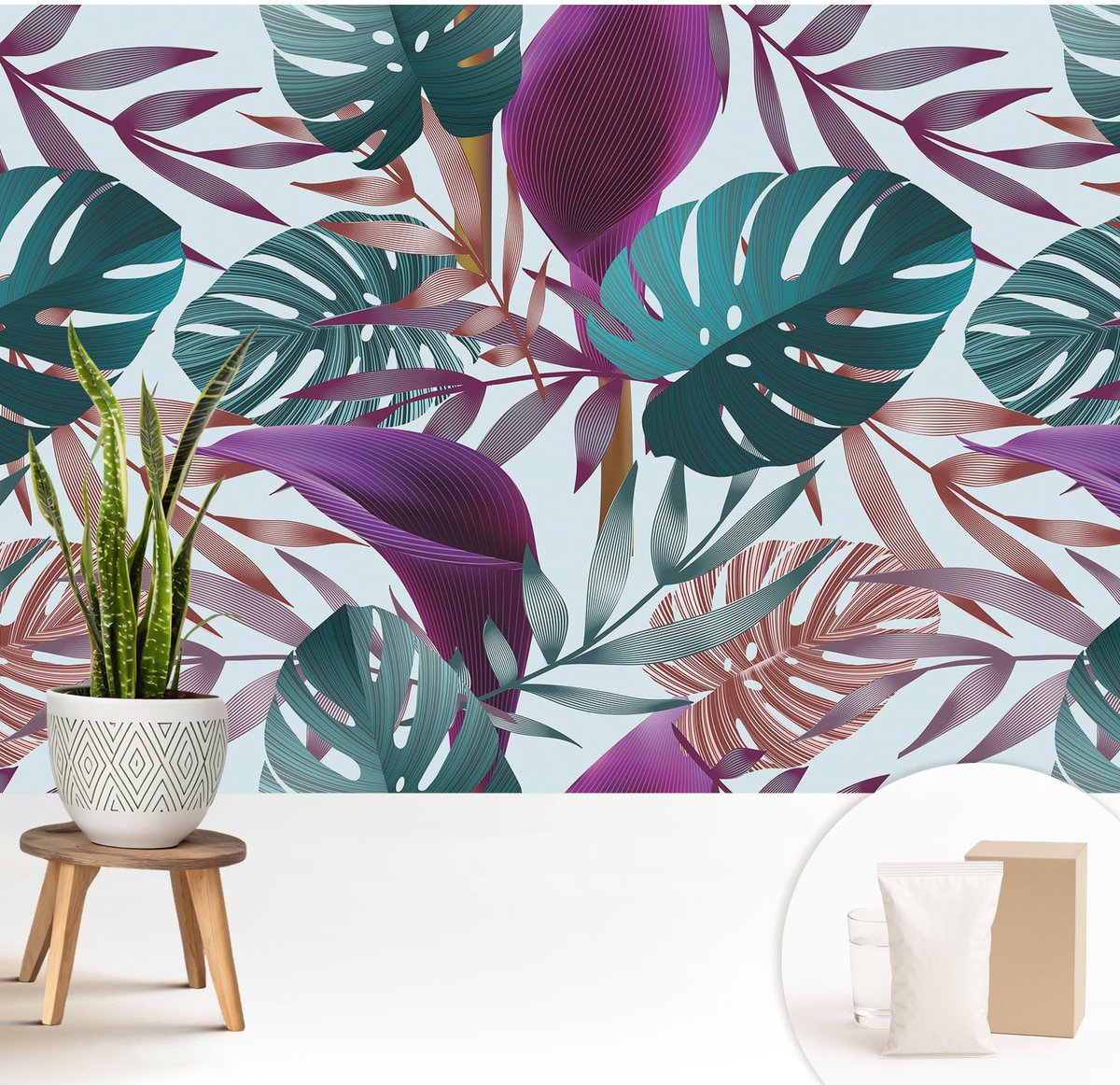 Wallfluent Fotobehang - Paars Vliesbehang - 208x146 cm - Tropische Compositie Muurschildering - Gang behang Bloemen En Planten - Fotobehang Vlies - Slaapkamer behang