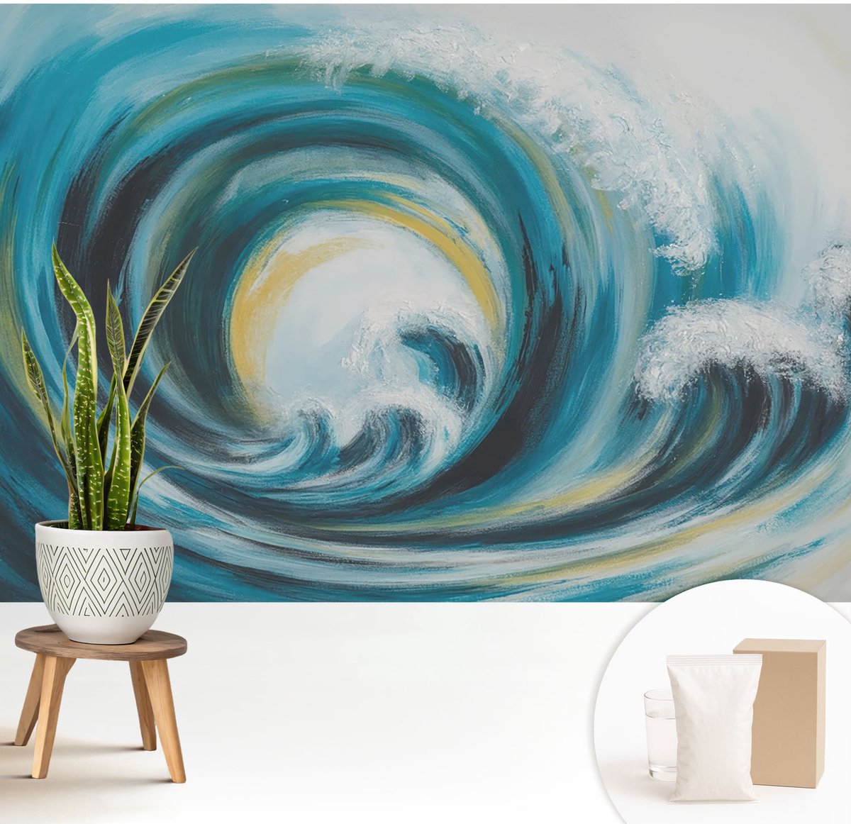 Wallfluent Fotobehang - Turkoois Vliesbehang - 208x146 cm - Zeegolf Fotobehang Vlies - Woonkamer behang Deel - Muurschildering - Hal behang