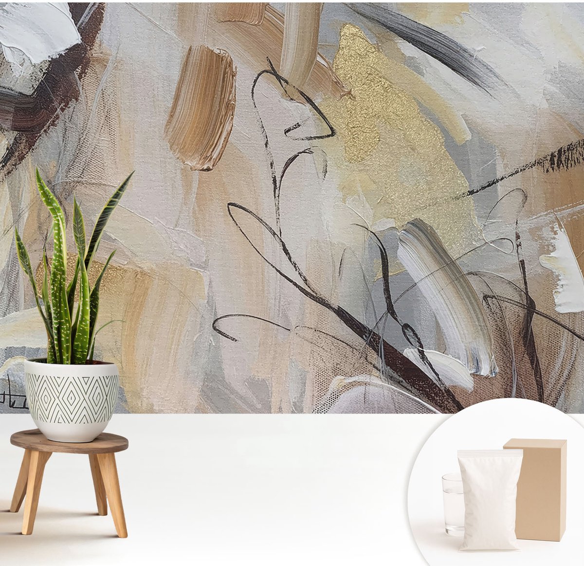 Wallfluent Fotobehang - Beige Vliesbehang - 208x146 cm - Abstracte Compositie Fotobehang Vlies - Woonkamer behang Abstractie - Muurschildering - Hal behang