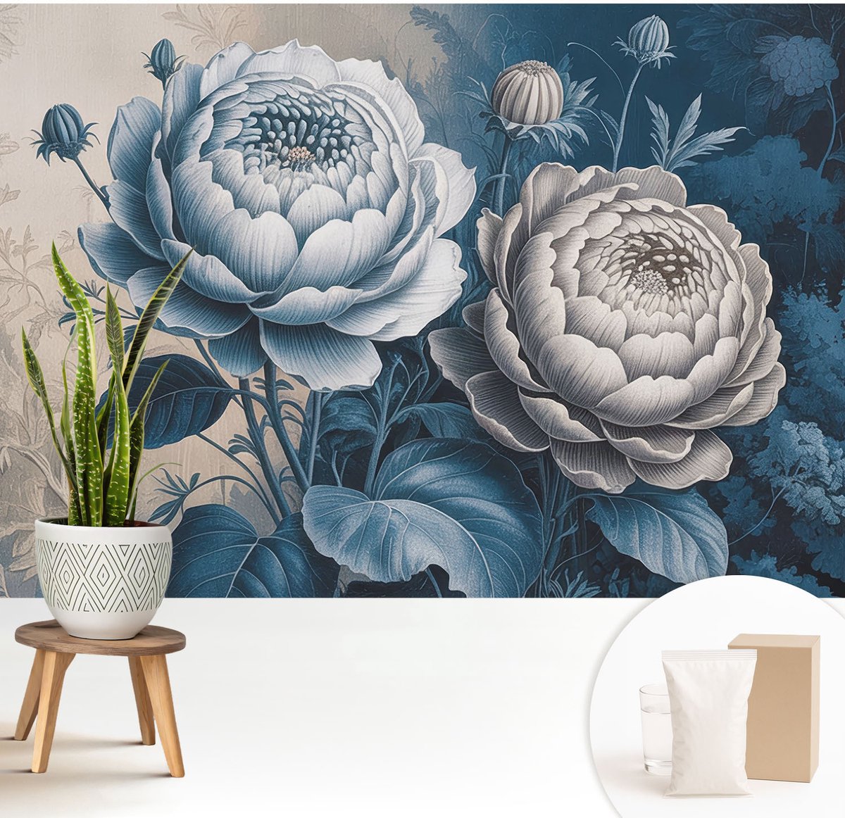 Wallfluent Fotobehang - Blauw Vliesbehang - 208x146 cm - Romantische Bloemen Fotobehang Vlies - Woonkamer behang Bloemen En Planten - Muurschildering - Woonkamer behang