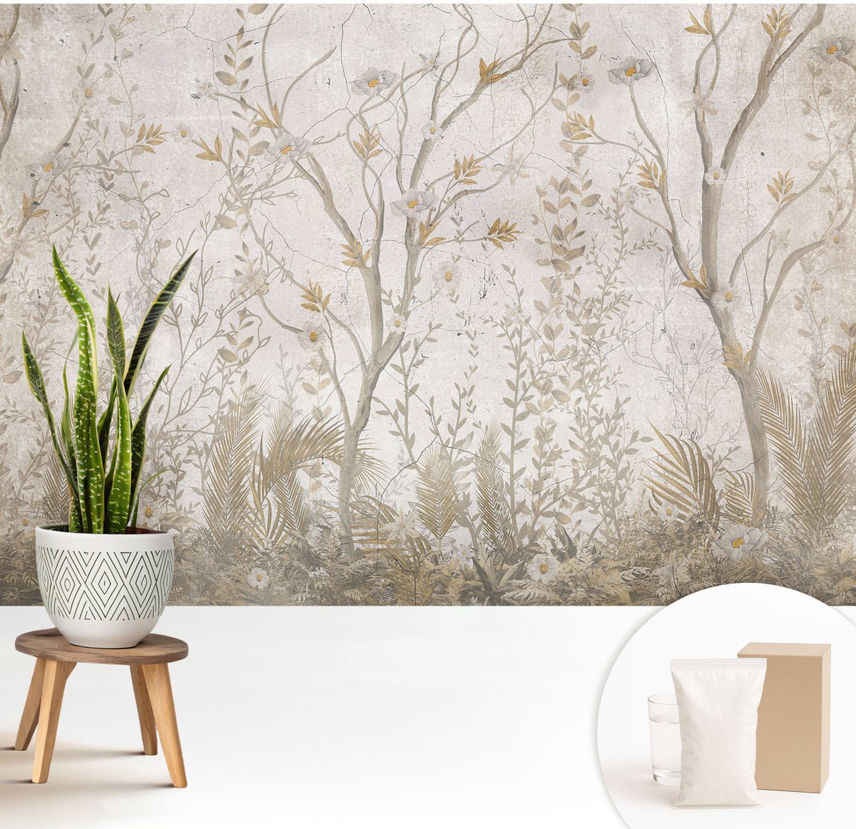 Wallfluent Fotobehang - Beige Vliesbehang - 208x146 cm - Een Boshoek Fotobehang Vlies - Woonkamer behang Bloemen En Planten - Muurschildering - Woonkamer behang