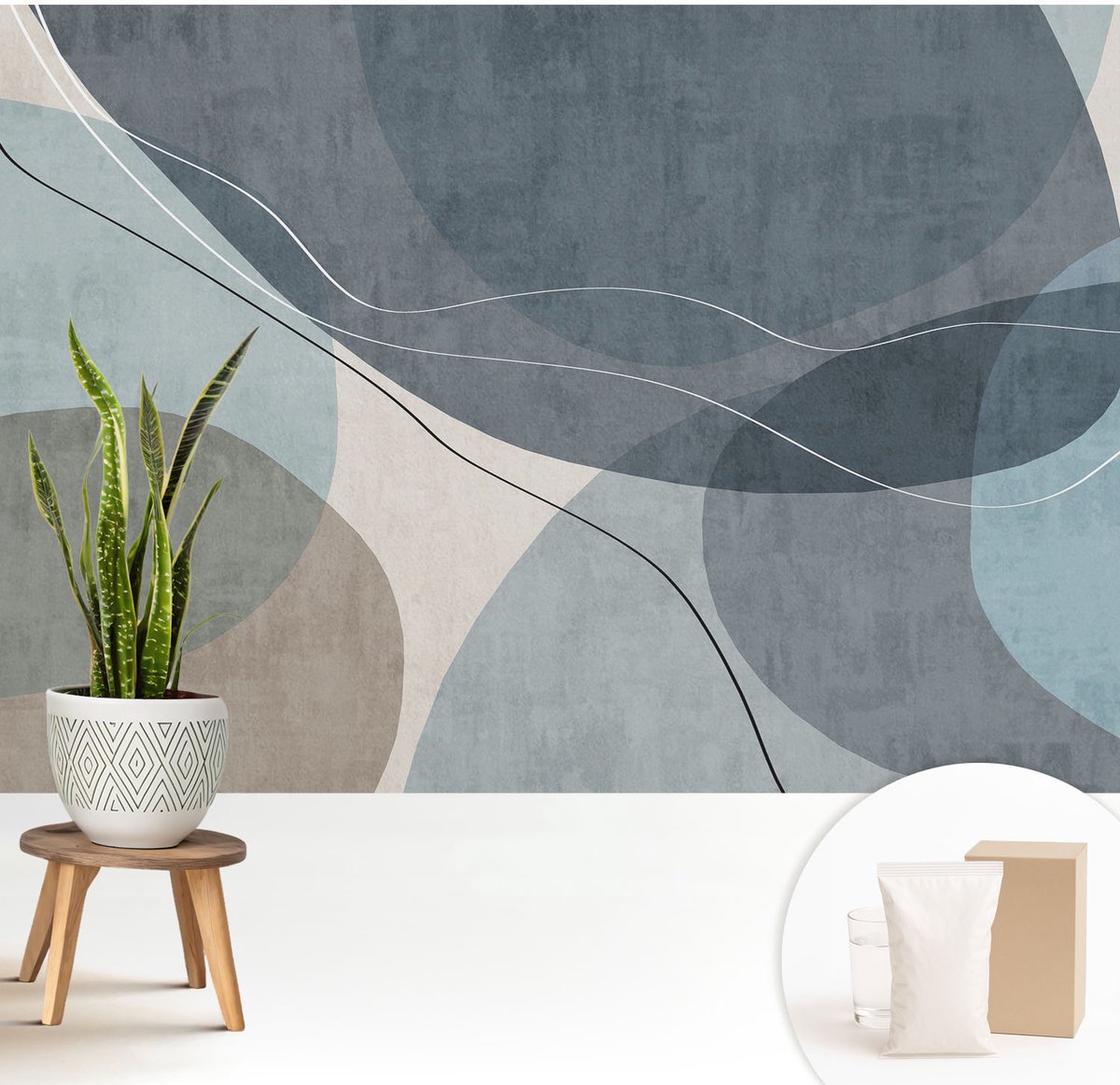 Wallfluent Fotobehang - Blauw Vliesbehang - 208x146 cm - Moderne Abstractie Fotobehang Vlies - Woonkamer behang Abstractie - Muurschildering - Woonkamer behang