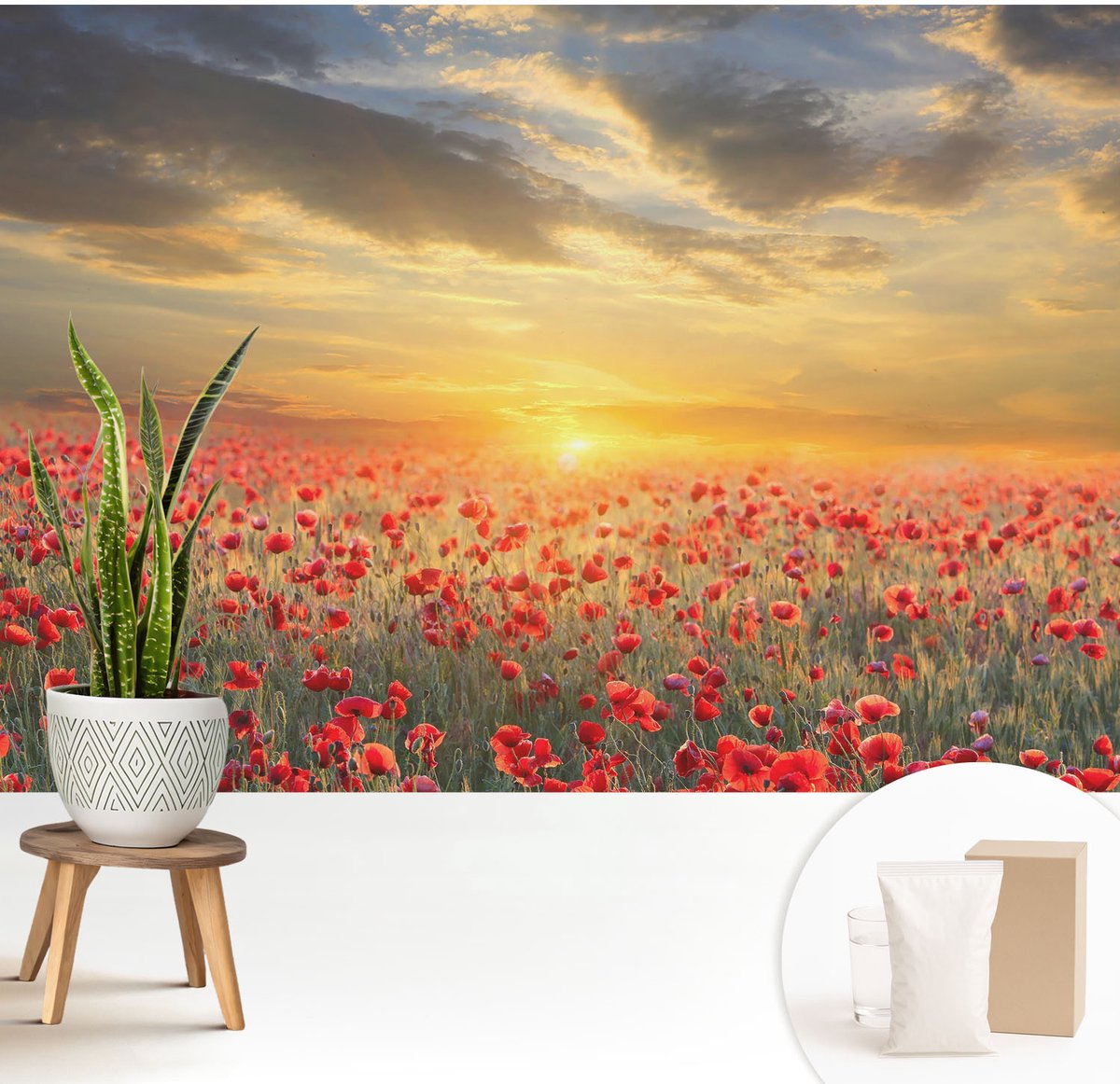 Wallfluent Fotobehang - Rood Vliesbehang - 208x146 cm - Papaverveld Muurschildering - Gang behang Bloemen En Planten - Fotobehang Vlies - Slaapkamer behang