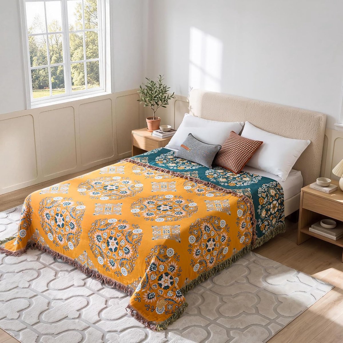 SNQ Deken – Plaid – Boho Woondeken – 150x200 cm – Katoen – Geel – Omkeerbare Jacquard met Bloemenpatroon – Voor Bed, Bank en Woonkamer– Bloemenprint – Rustieke landelijke stijl – Geschikt voor alle seizoenen