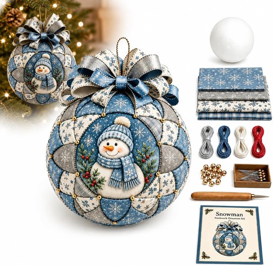 DIY Patchwork Set - 17cm - DIY kerstbal - Fabric Art Kit - Stoffen Patchwork Knutselset - DIY Handwerkset - Patchwork kerstbal - Kerstcadeaus - Ontspannend - Kerstcadeau - Kerstboomdecoratie - Incl Instructies - Voor Volwassenen en Beginners - Blauw