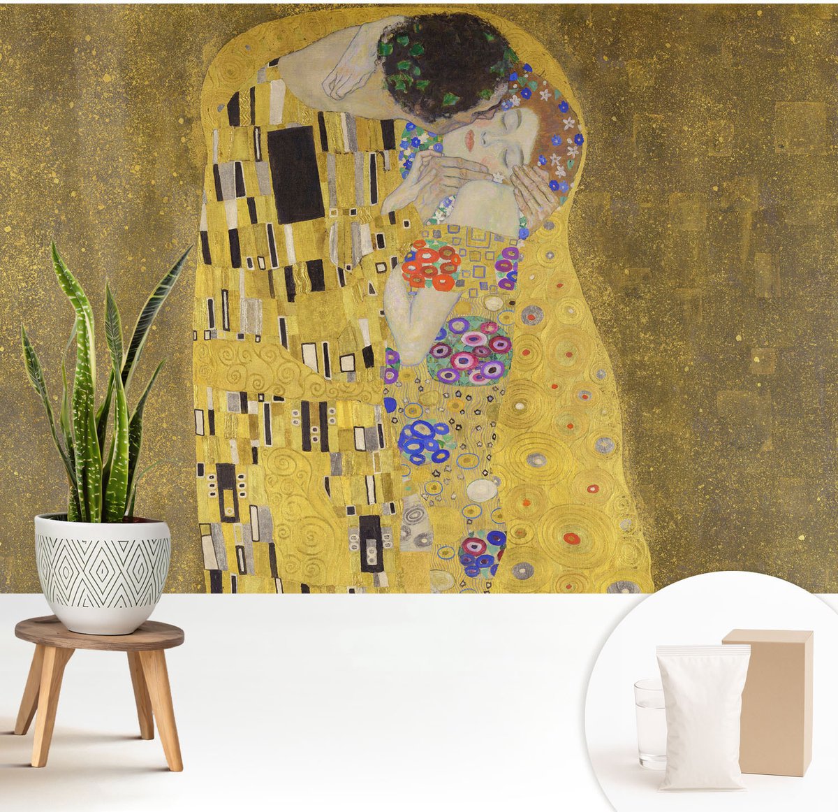 Wallfluent Fotobehang - Geel Vliesbehang - 208x146 cm - Art Nouveau-Paar Fotobehang Vlies - Hal behang Deel - Muurschildering - Woonkamer behang