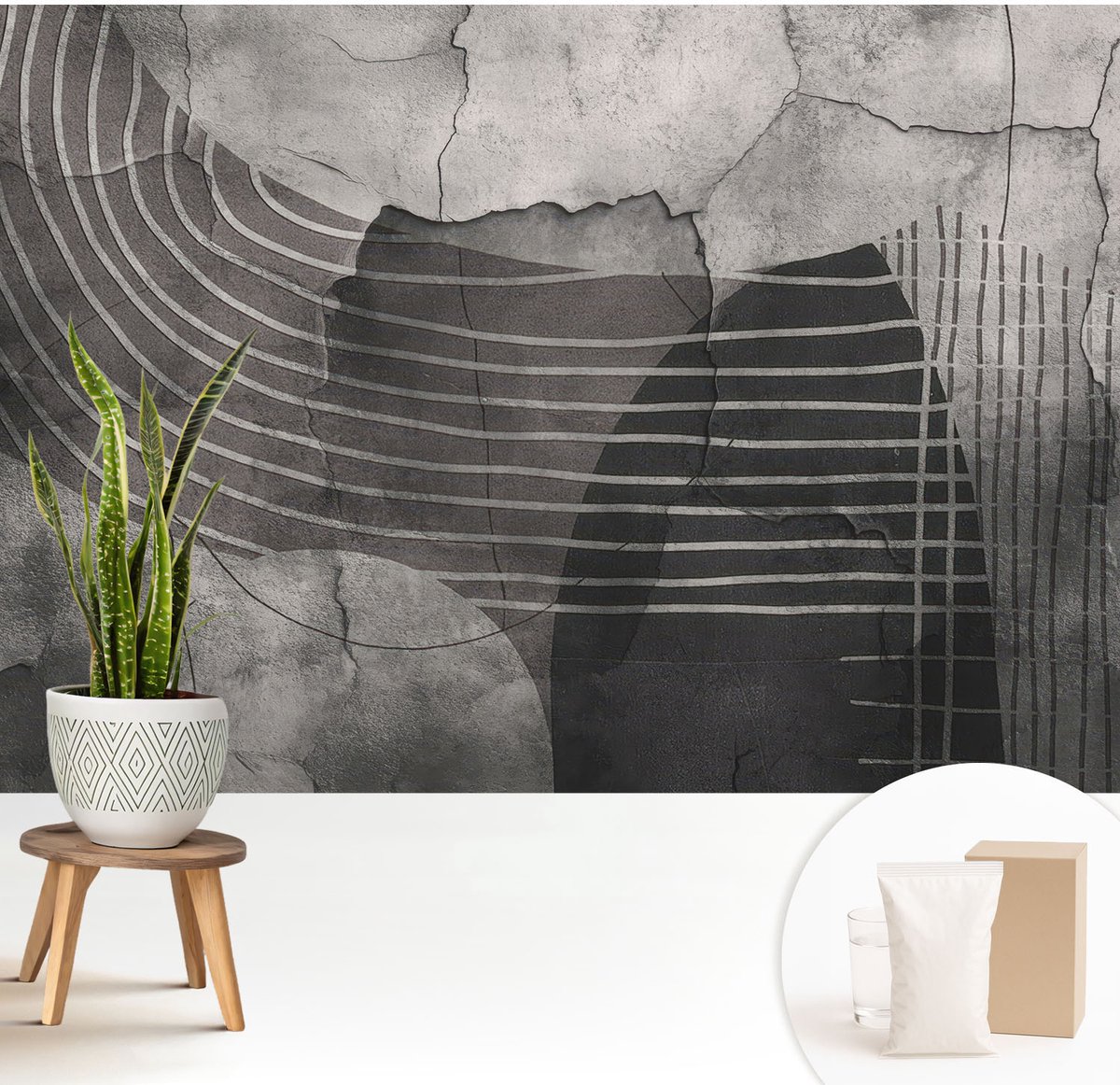 Wallfluent Fotobehang - Grijs Vliesbehang - 208x146 cm - Abstracte Lijnen Fotobehang Vlies - Hal behang Abstractie - Muurschildering - Hal behang