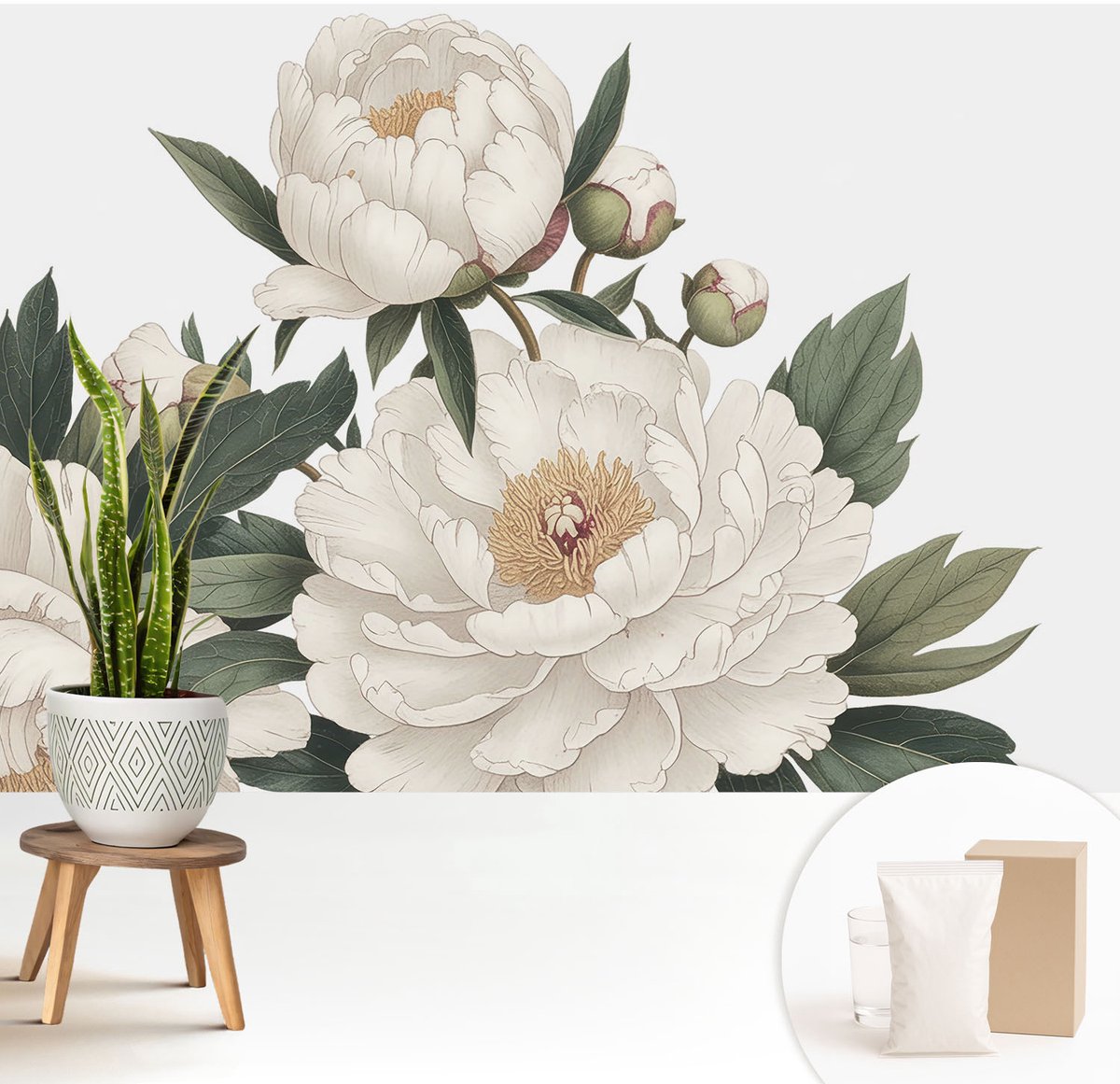 Wallfluent Fotobehang - Wit Vliesbehang - 208x146 cm - Witte Pioenrozen Fotobehang Vlies - Hal behang Bloemen En Planten - Muurschildering - Woonkamer behang