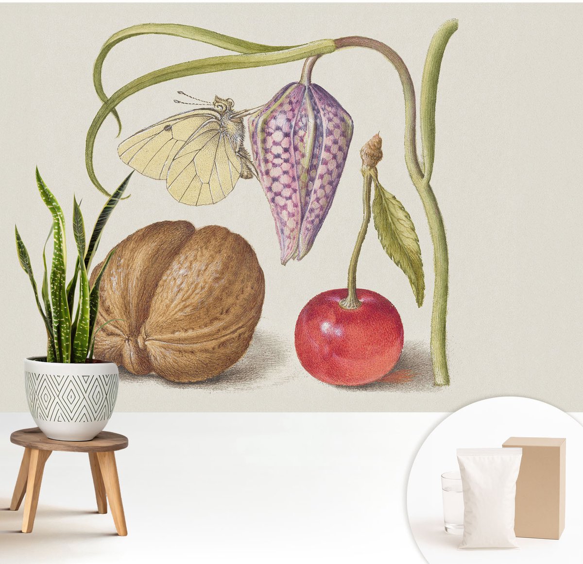 Wallfluent Fotobehang - Romig Vliesbehang - 208x146 cm - Vlinderplant Muurschildering - Slaapkamer behang Bloemen En Planten - Fotobehang Vlies - Gang behang