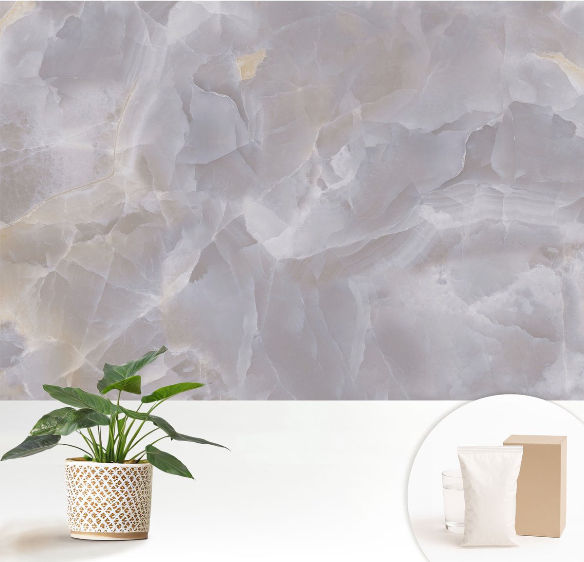 Wallfluent Fotobehang - Wit Vliesbehang - 152x104 cm - Marmergolven Fotobehang Vlies - Woonkamer behang Texturen - Muurschildering - Woonkamer behang
