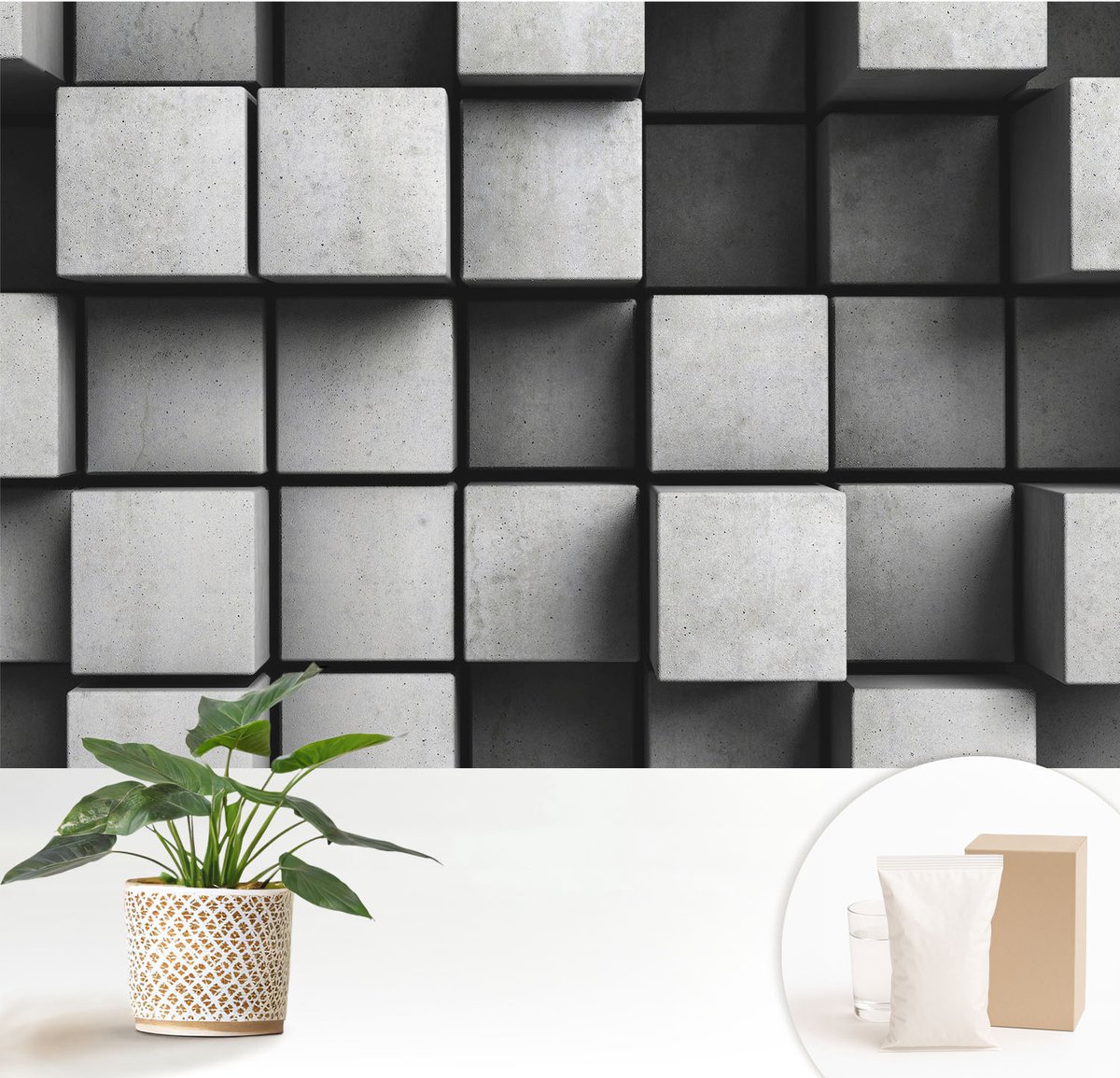 Wallfluent Fotobehang - Grijs Vliesbehang - 152x104 cm - Geometrische Kubussen Muurschildering - Gang behang Geometrie - Fotobehang Vlies - Slaapkamer behang