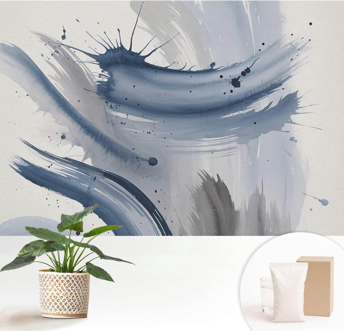Wallfluent Fotobehang - Blauw Vliesbehang - 152x104 cm - Artistieke Penseelstreken Muurschildering - Slaapkamer behang Abstractie - Fotobehang Vlies - Slaapkamer behang