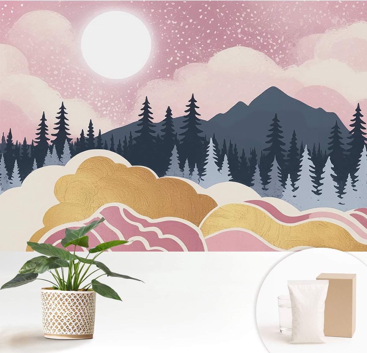 Wallfluent Fotobehang - Roze Vliesbehang - 152x104 cm - Roze Zonsondergang Muurschildering - Slaapkamer behang Landschappen - Fotobehang Vlies - Slaapkamer behang