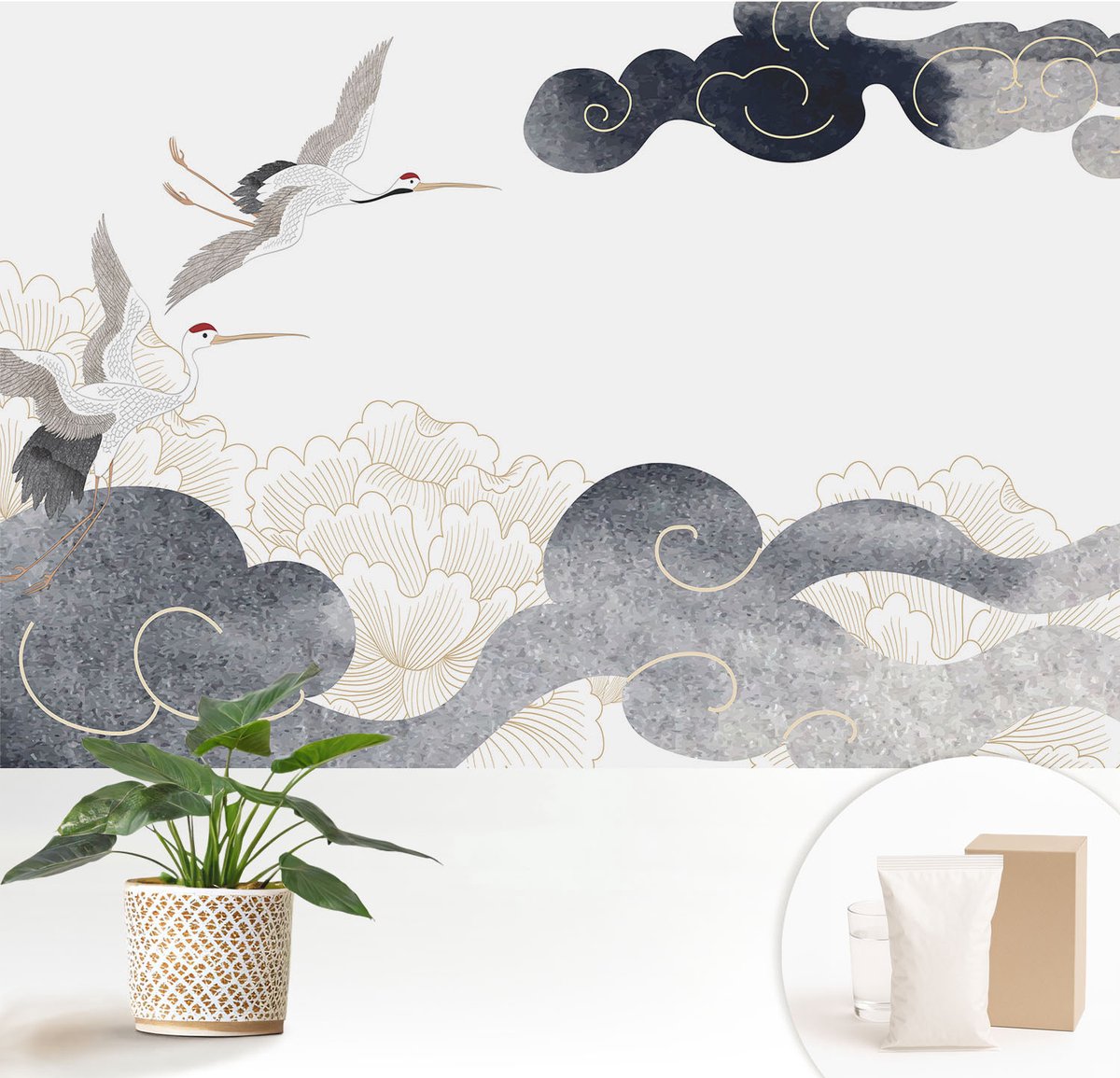 Wallfluent Fotobehang - Wit Vliesbehang - 152x104 cm - Kraanvogels In Vlucht Muurschildering - Slaapkamer behang Dieren - Fotobehang Vlies - Slaapkamer behang