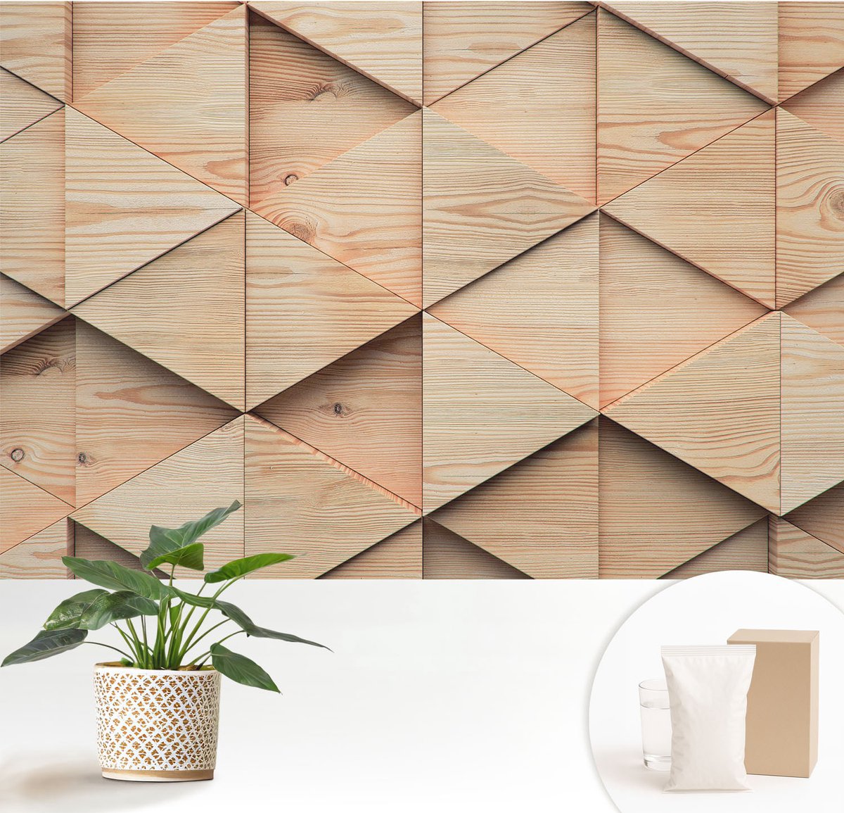 Wallfluent Fotobehang - Beige Vliesbehang - 152x104 cm - Houten Mozaïek Fotobehang Vlies - Hal behang Texturen - Muurschildering - Hal behang