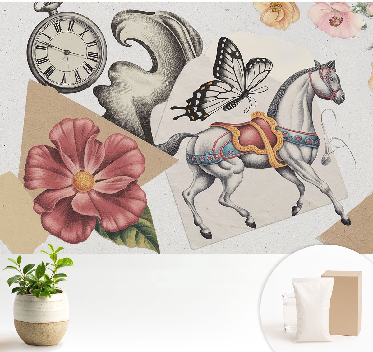 Wallfluent Fotobehang - Grijs Vliesbehang - 104x70 cm - Vintage Bloemen Muurschildering - Slaapkamer behang Deel - Fotobehang Vlies - Slaapkamer behang