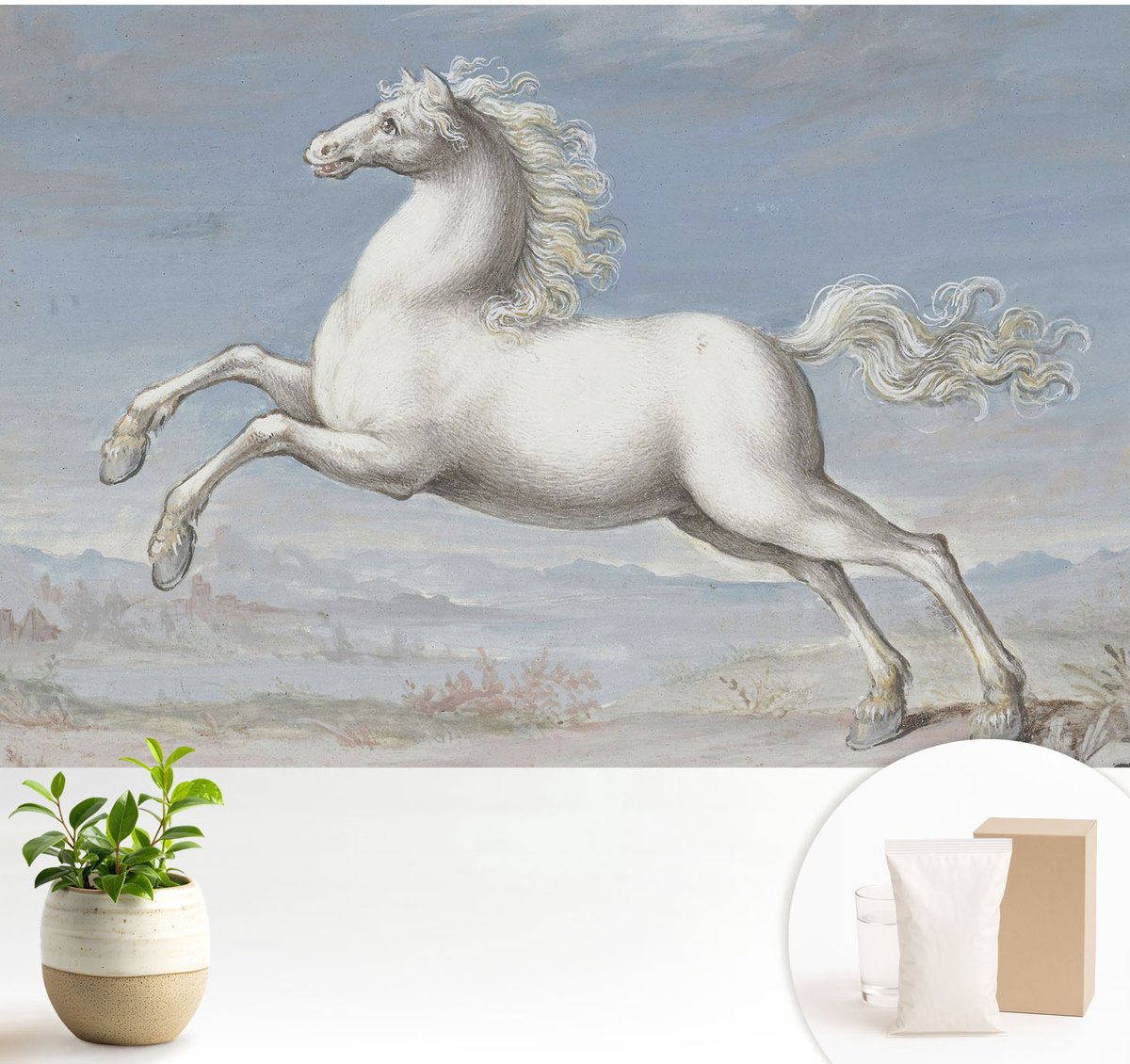 Wallfluent Fotobehang - Wit Vliesbehang - 104x70 cm - Paarden In De Hindernis Fotobehang Vlies - Woonkamer behang Dieren - Muurschildering - Hal behang